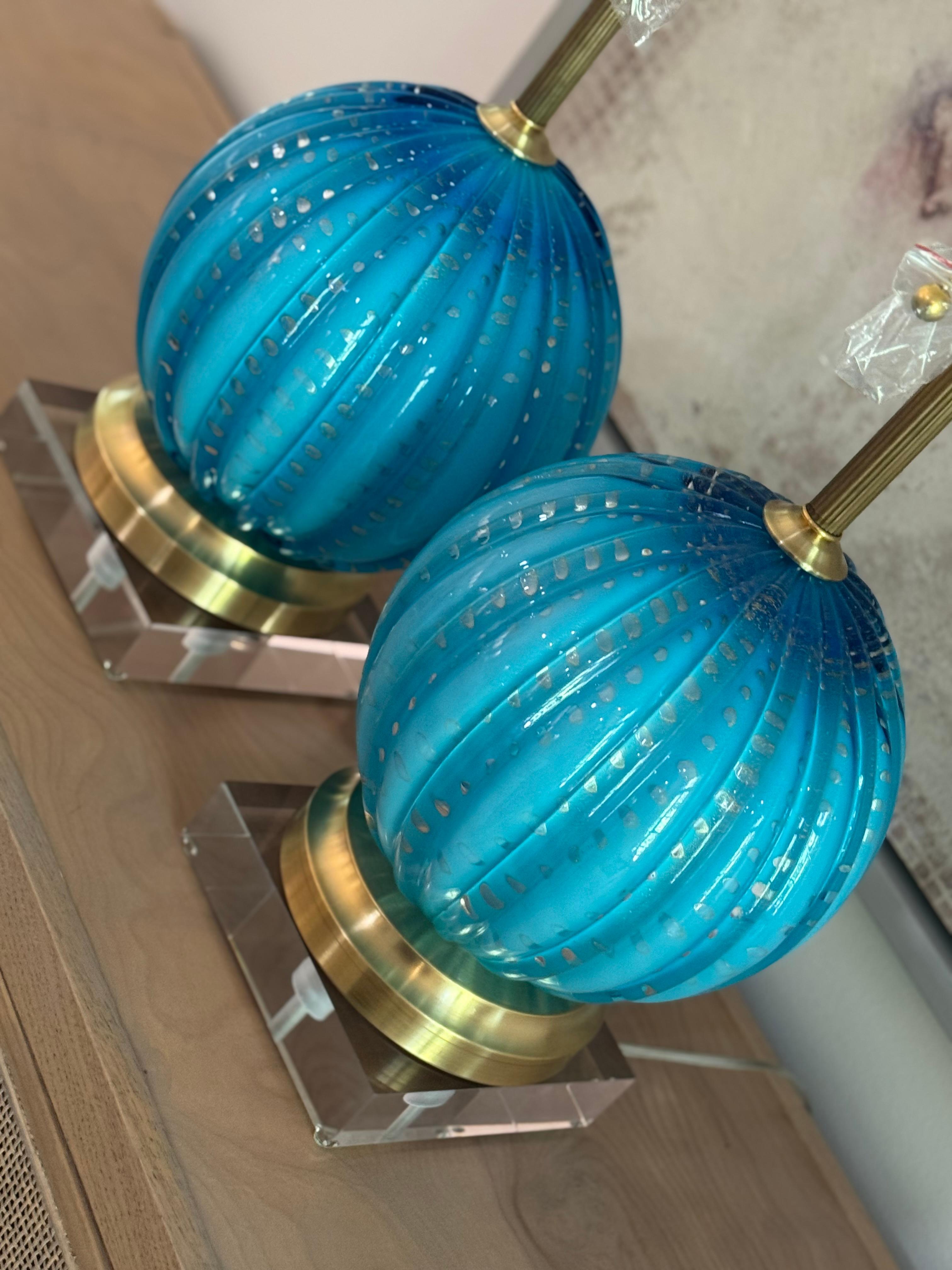 Lampes Vintage en verre Murano Teal avec bulles contrôlées en feuille d'or en vente 7