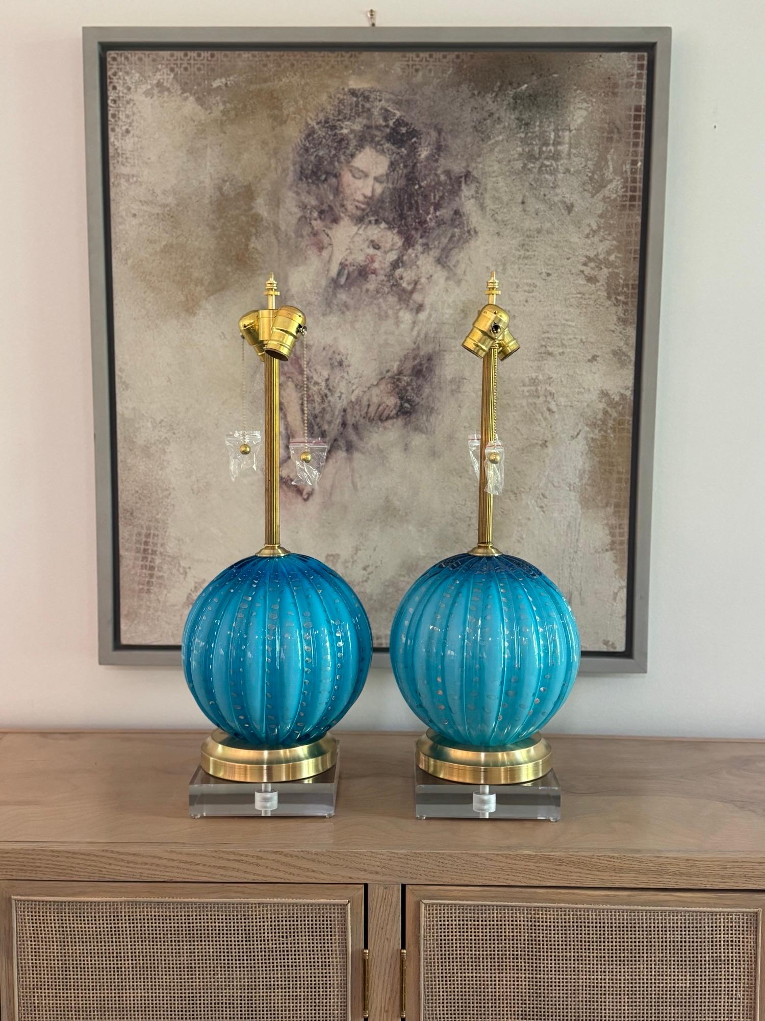Lampes Vintage en verre Murano Teal avec bulles contrôlées en feuille d'or en vente 8