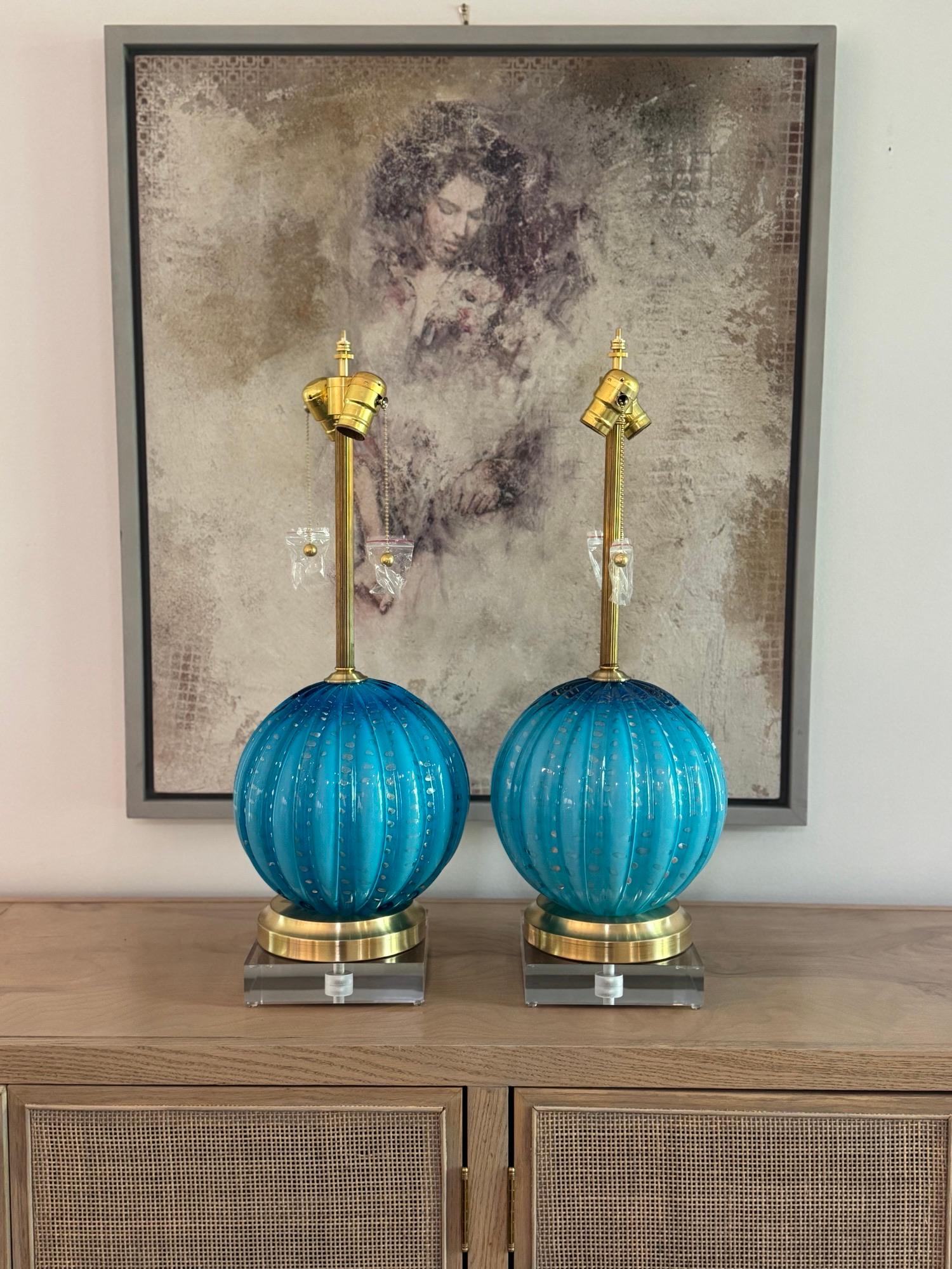 Lampes Vintage en verre Murano Teal avec bulles contrôlées en feuille d'or en vente 9