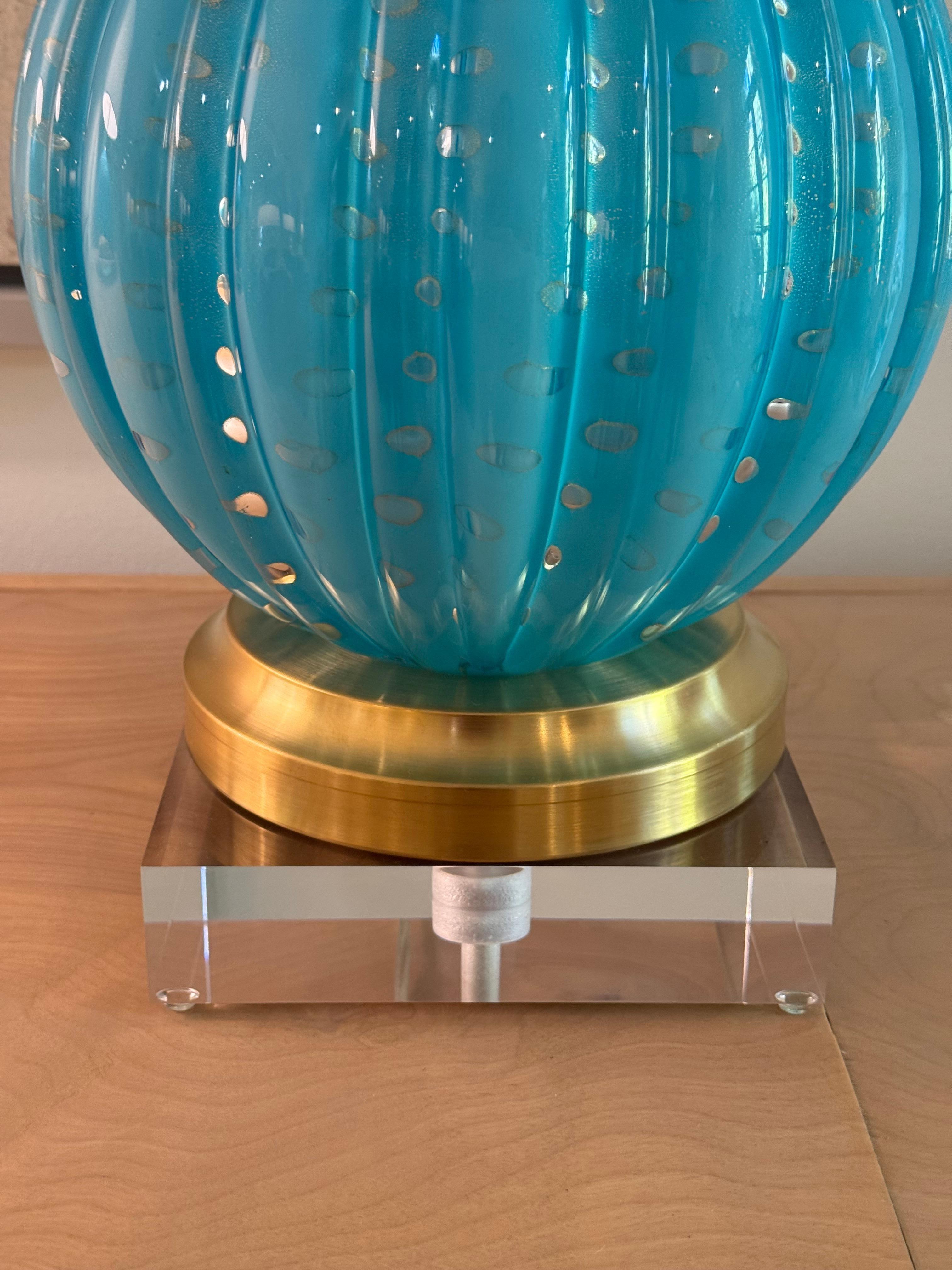 Lampes Vintage en verre Murano Teal avec bulles contrôlées en feuille d'or en vente 1