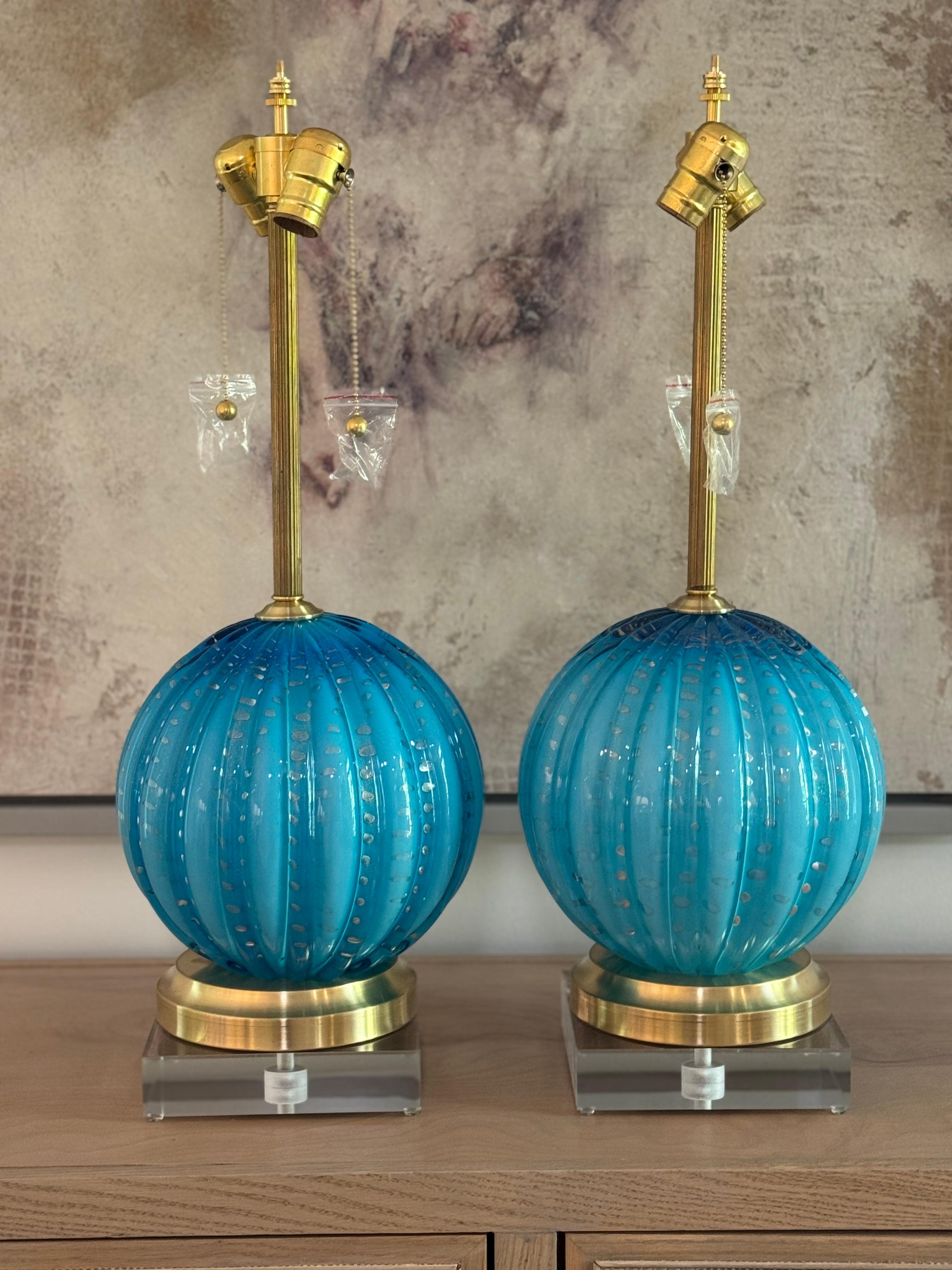 Lampes Vintage en verre Murano Teal avec bulles contrôlées en feuille d'or en vente 2