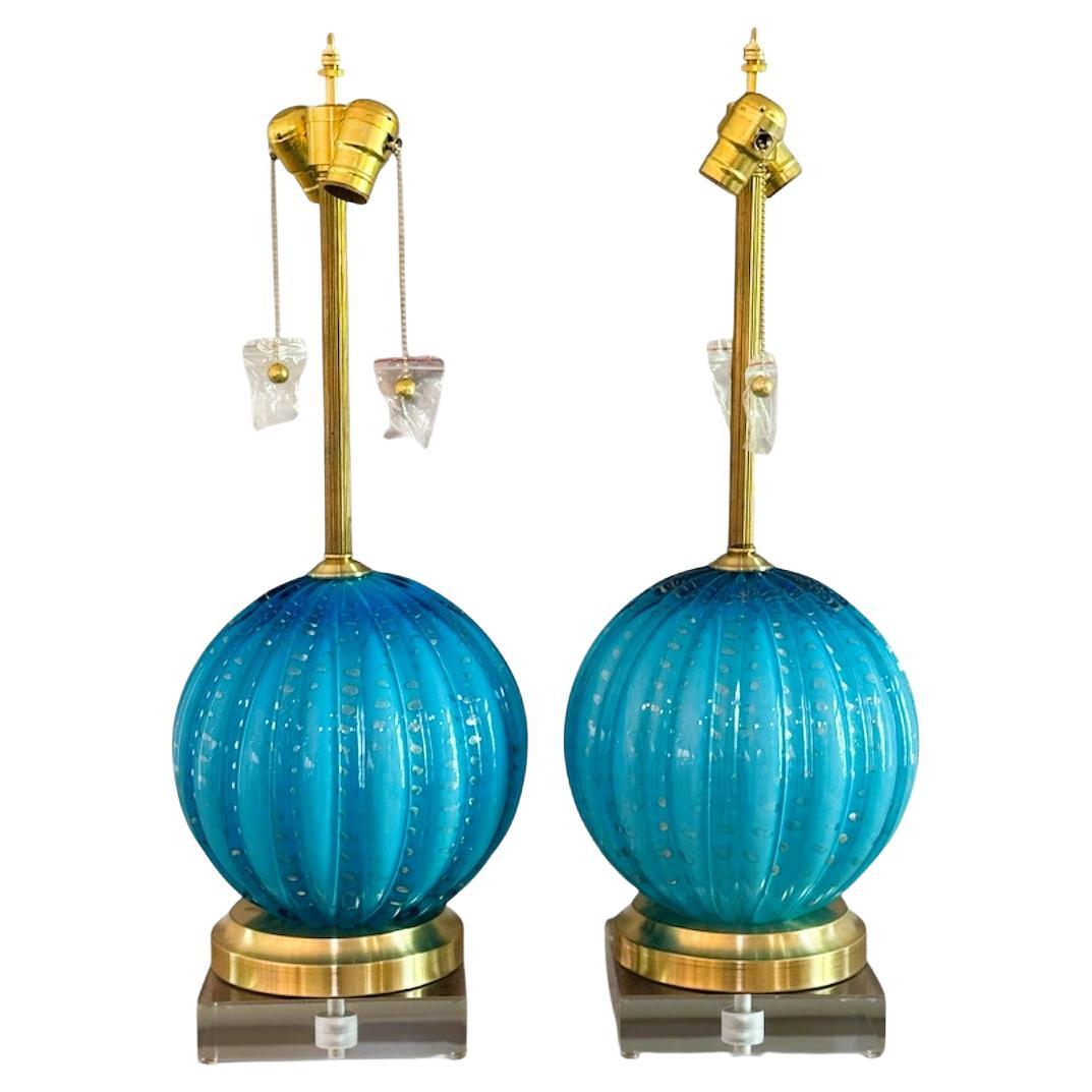 Lampes Vintage en verre Murano Teal avec bulles contrôlées en feuille d'or