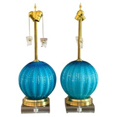 Vintage Murano Teal Glass lamps with controlled bubbles in Gold leaf