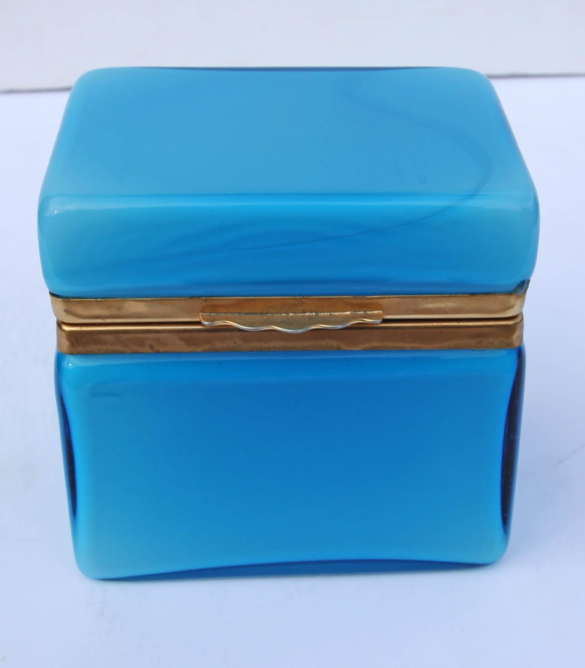 Vintage Murano turquoise blue glass box with brass mounts, circa 1960s.