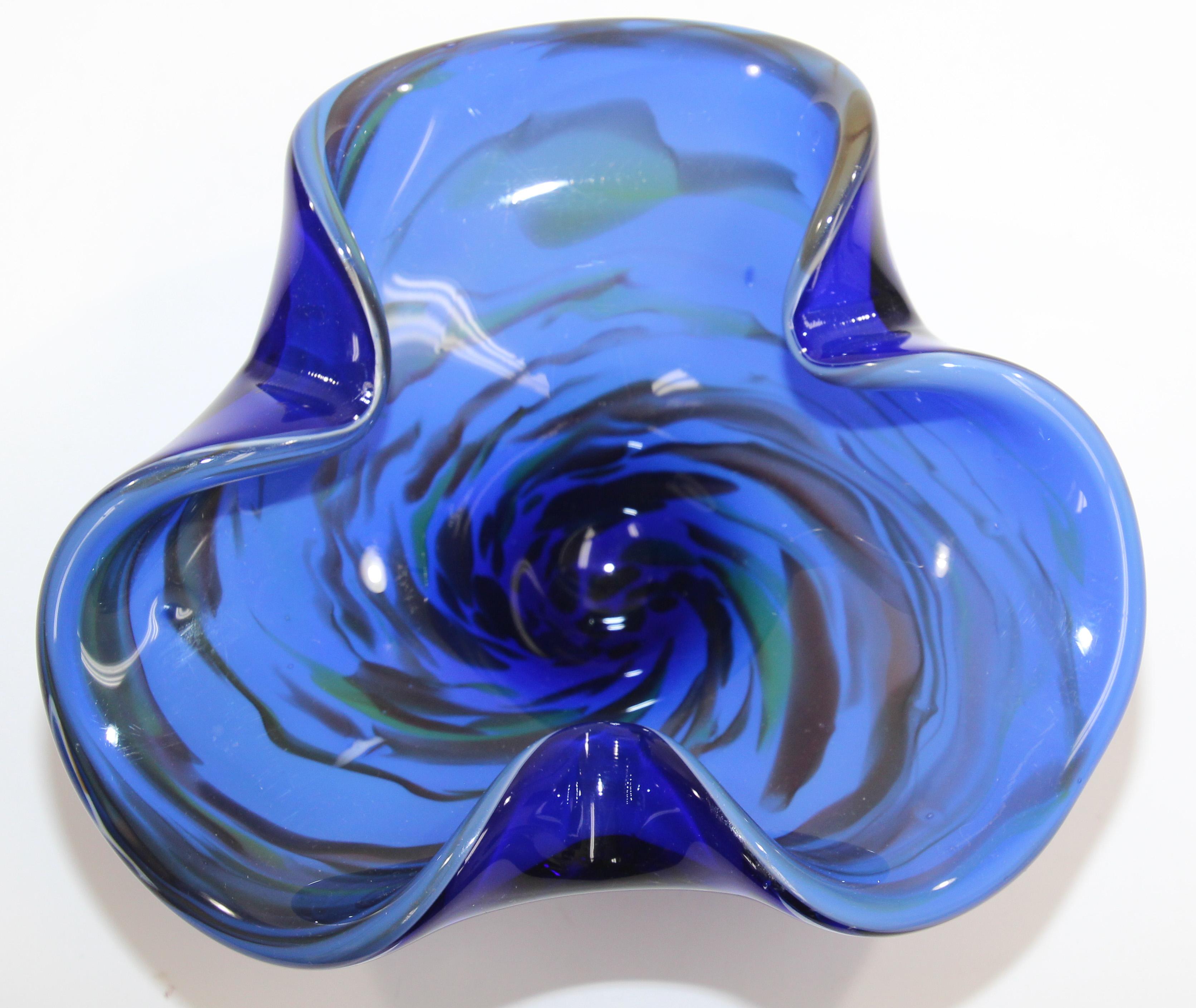 20th Century Vintage Murano Venetian Handblown Art Glass Cobalt Blue Ashtray For Sale