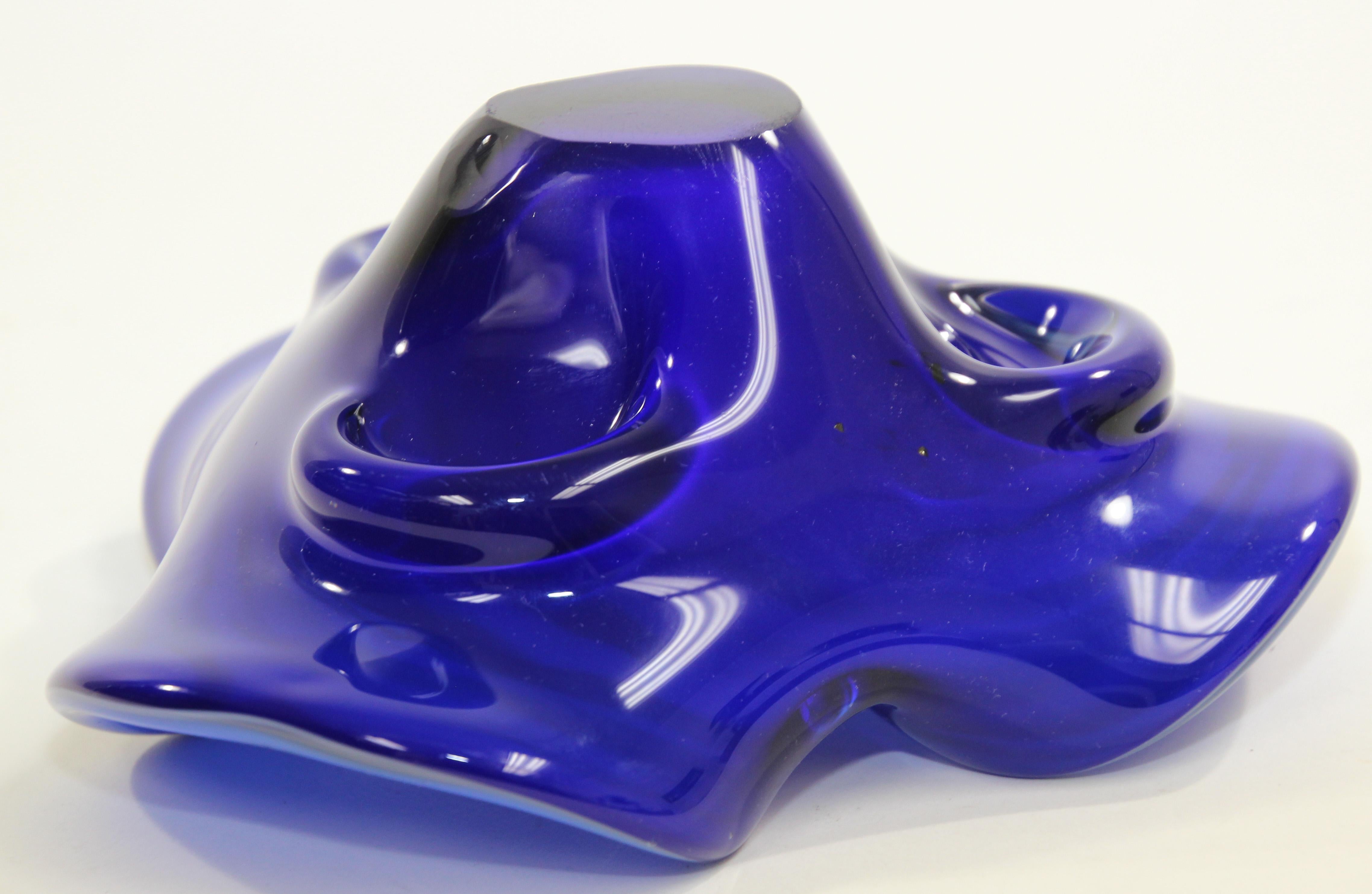 Vintage Murano Venetian Handblown Art Glass Cobalt Blue Ashtray For Sale 3