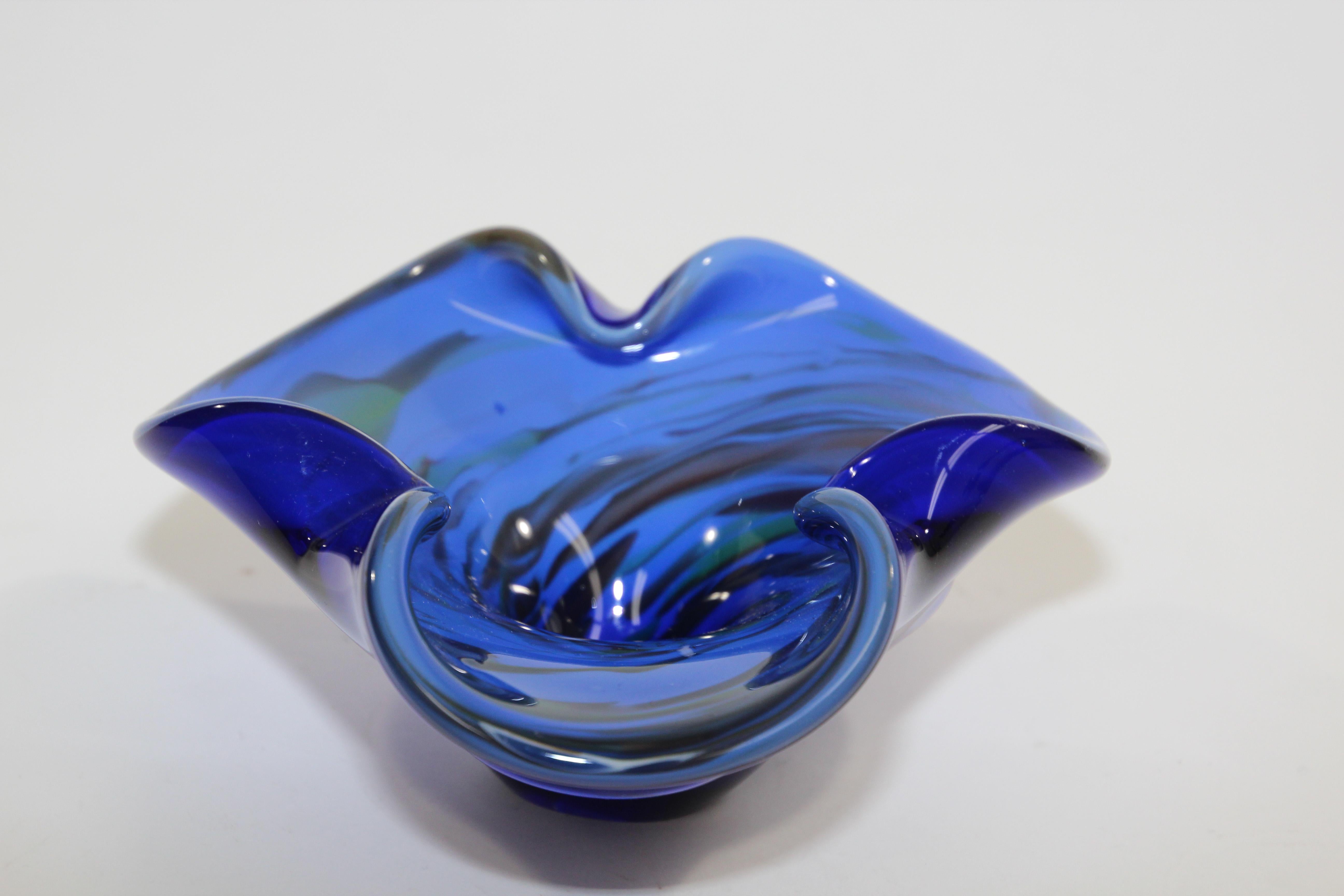 Post-Modern Vintage Murano Venetian Handblown Art Glass Cobalt Blue Ashtray For Sale