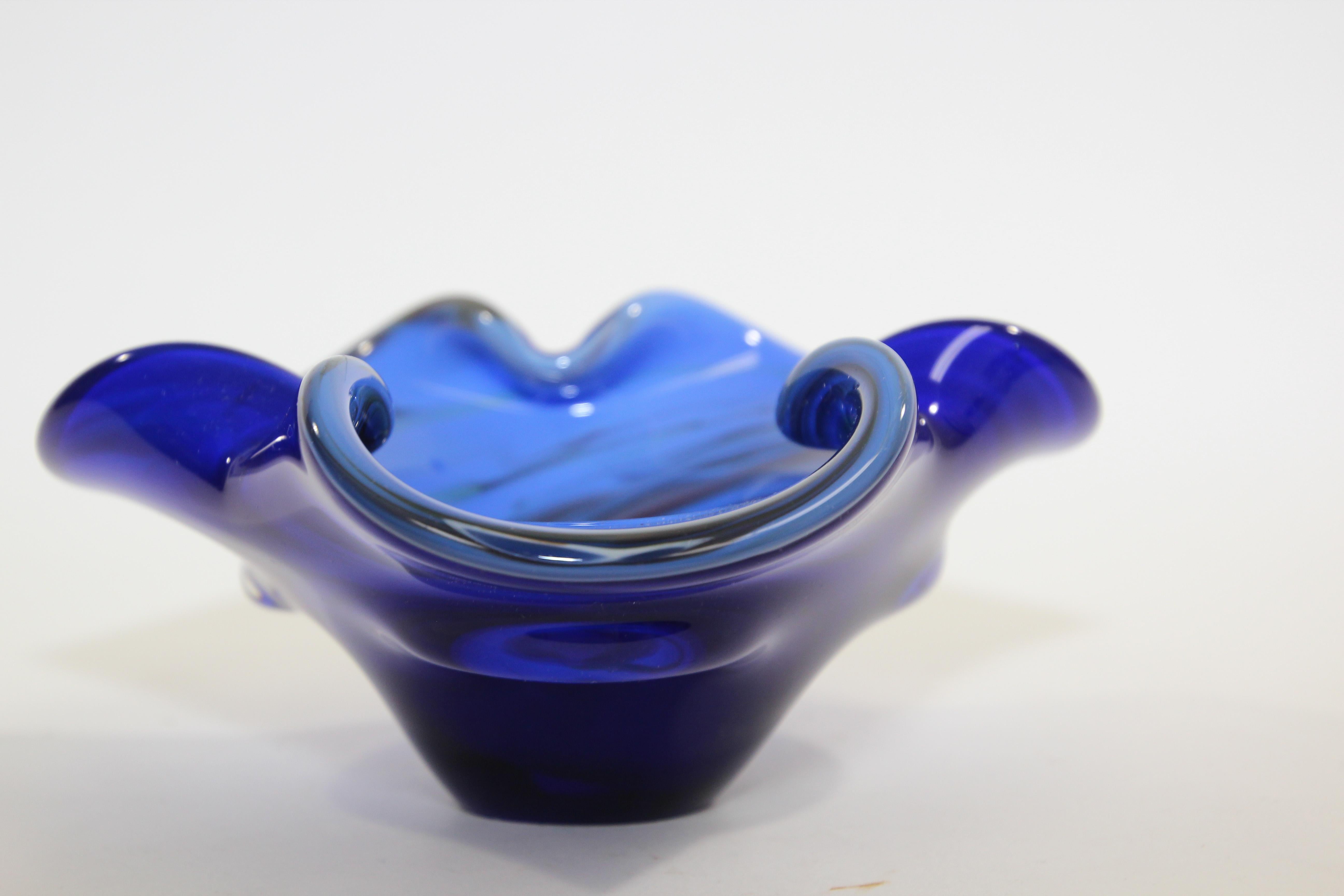 Italian Vintage Murano Venetian Handblown Art Glass Cobalt Blue Ashtray For Sale