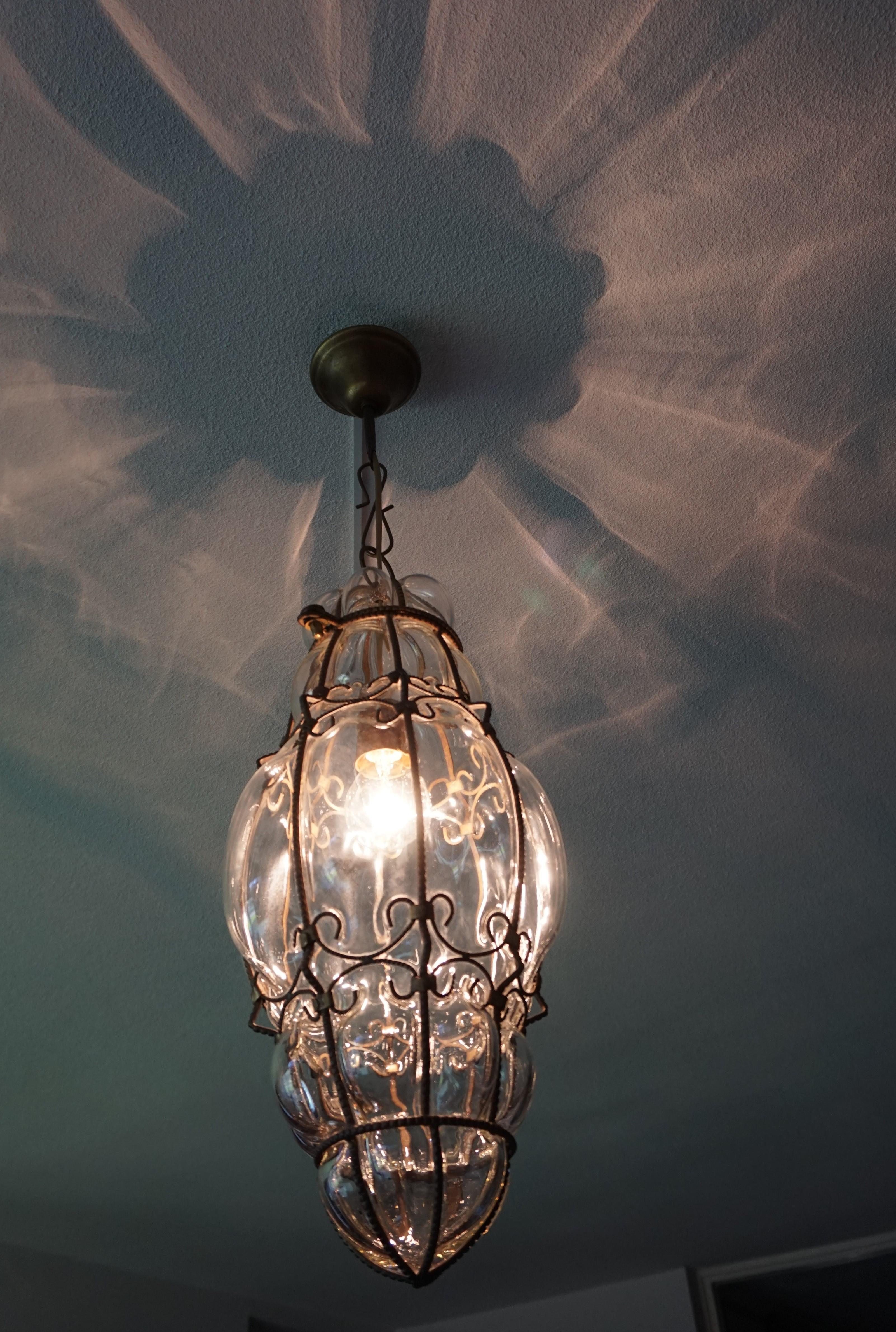 Vintage Murano Venetian Pendant Mouthblown Glass into a Rare Beeded Brass Frame 8