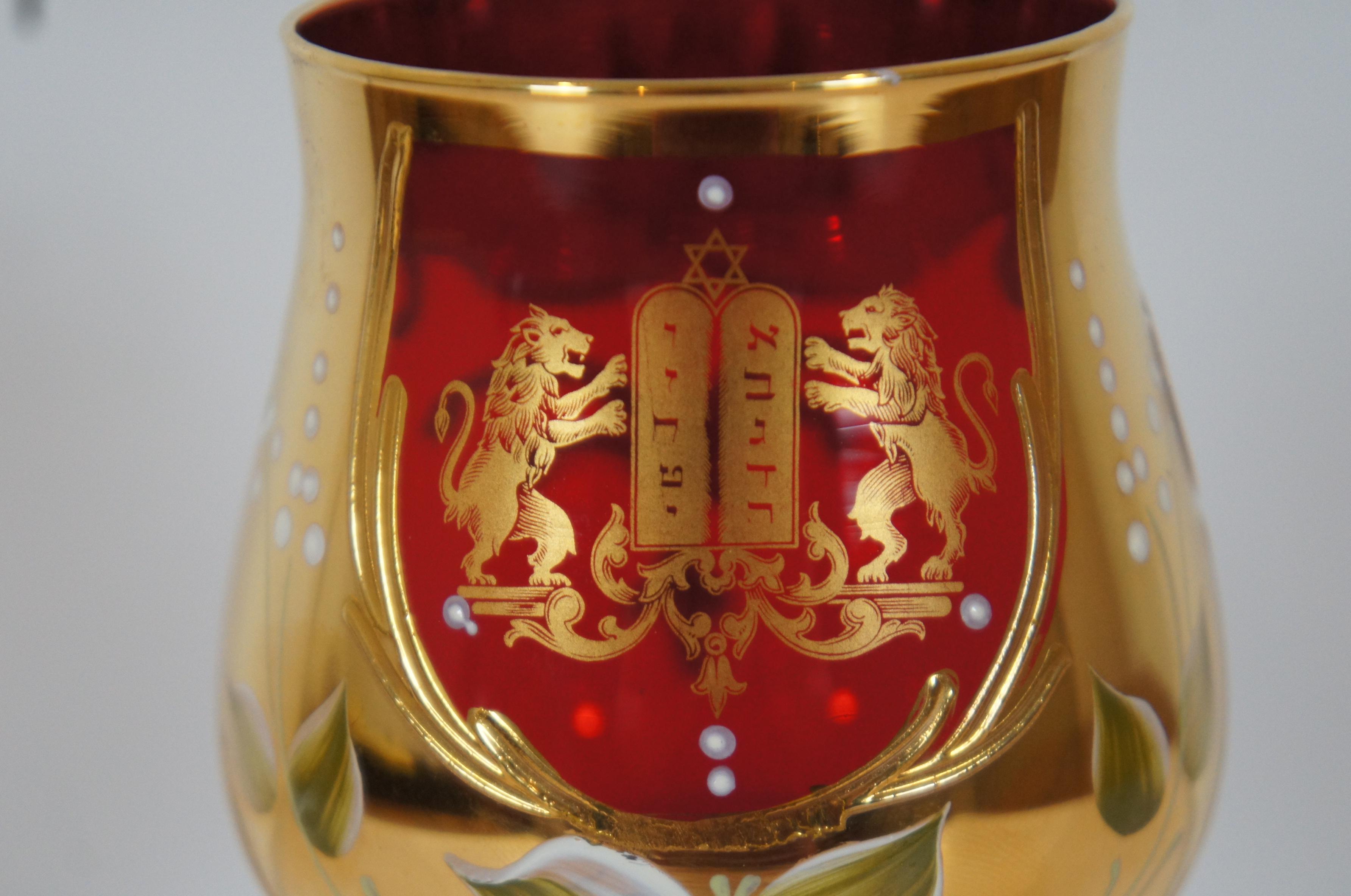 Vintage Murano Venetian Ruby Glass Kiddush Cup 10 Commandments Judaica Goblet In Good Condition In Dayton, OH