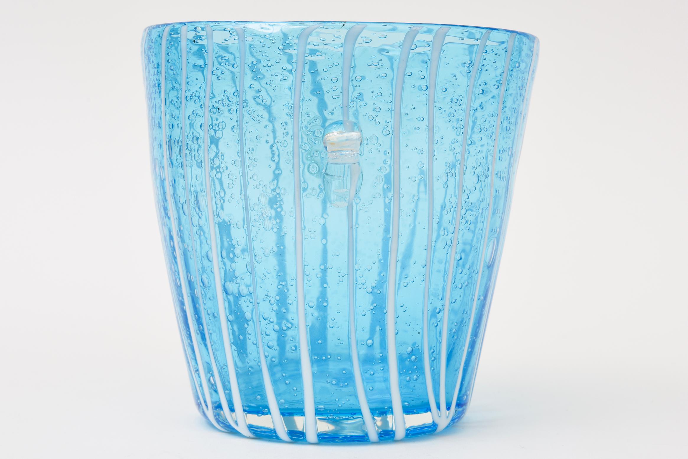 Vintage Murano Venini Ice Bucket Sapphire Turquoise With White Lines Barware For Sale 3