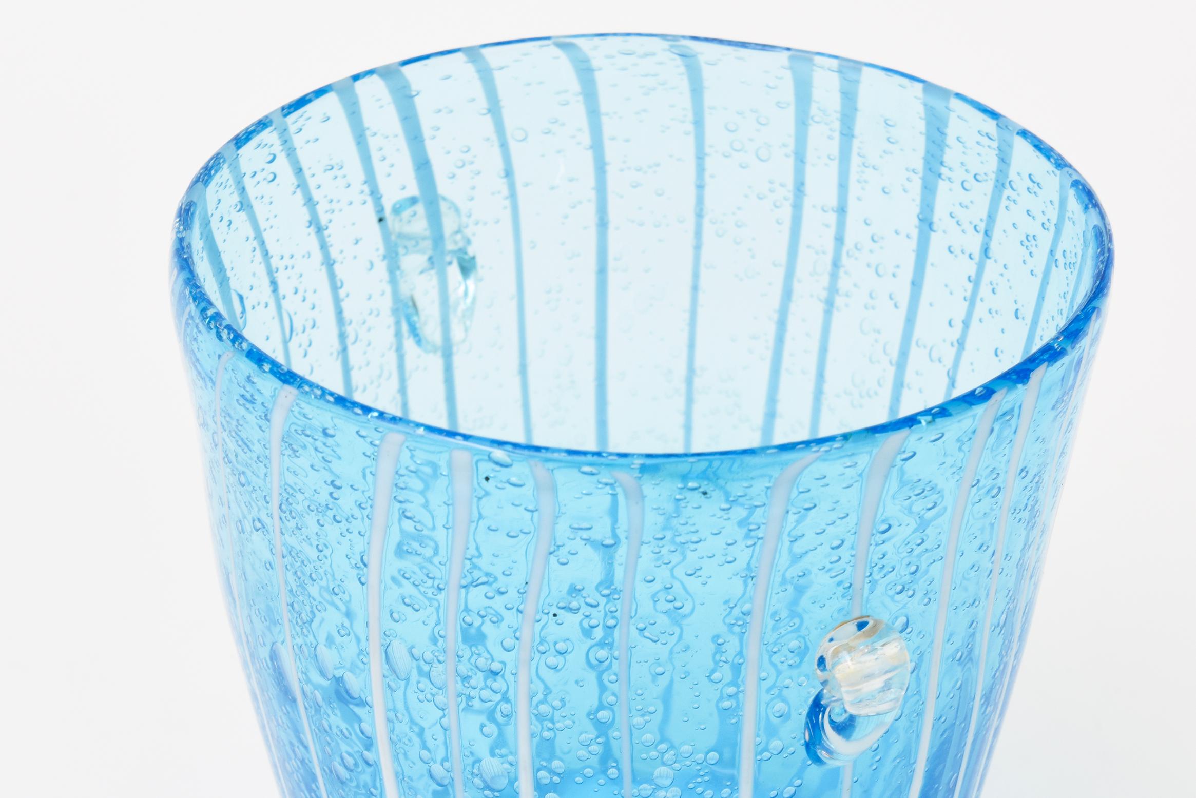 Modern Vintage Murano Venini Ice Bucket Sapphire Turquoise With White Lines Barware For Sale
