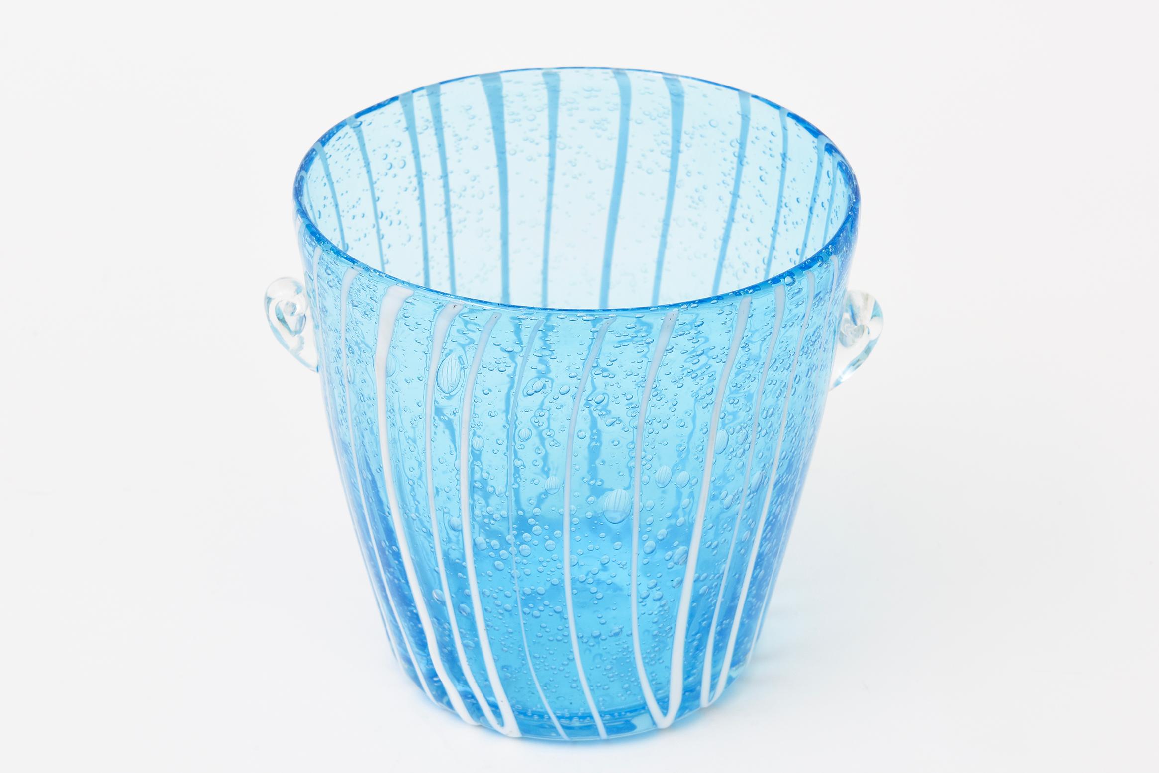 Italian Vintage Murano Venini Ice Bucket Sapphire Turquoise With White Lines Barware For Sale
