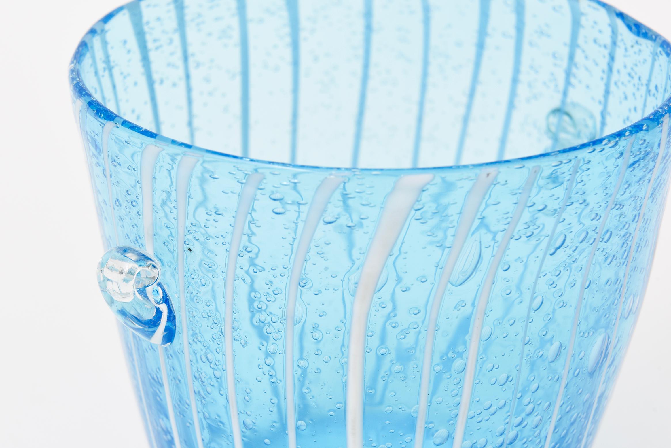 Vintage Murano Venini Ice Bucket Sapphire Turquoise With White Lines Barware In Good Condition For Sale In North Miami, FL