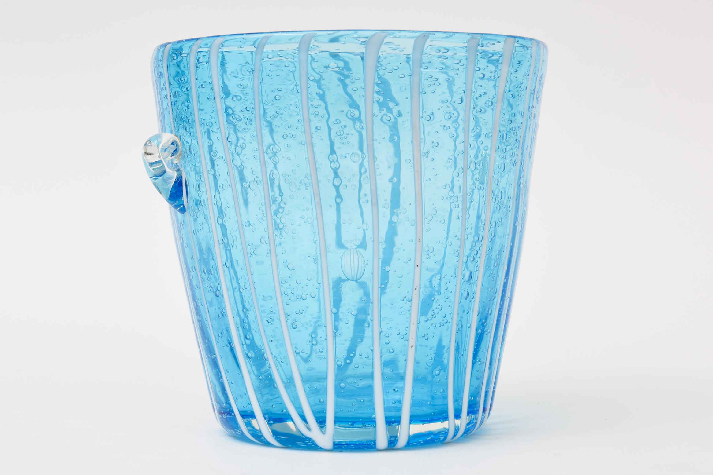 Vintage Murano Venini Ice Bucket Sapphire Turquoise With White Lines Barware For Sale 1