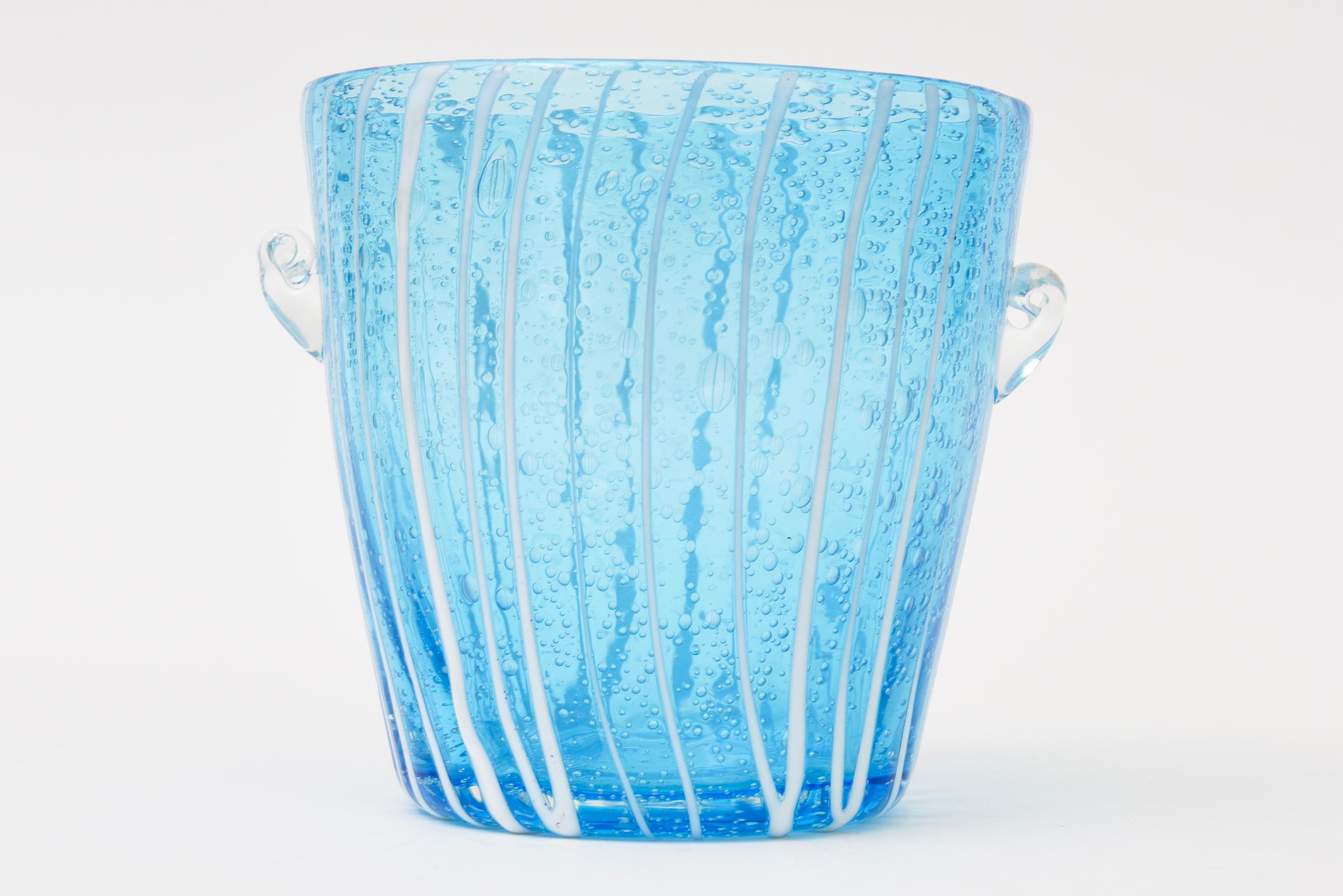 Vintage Murano Venini Ice Bucket Sapphire Turquoise With White Lines Barware For Sale 2