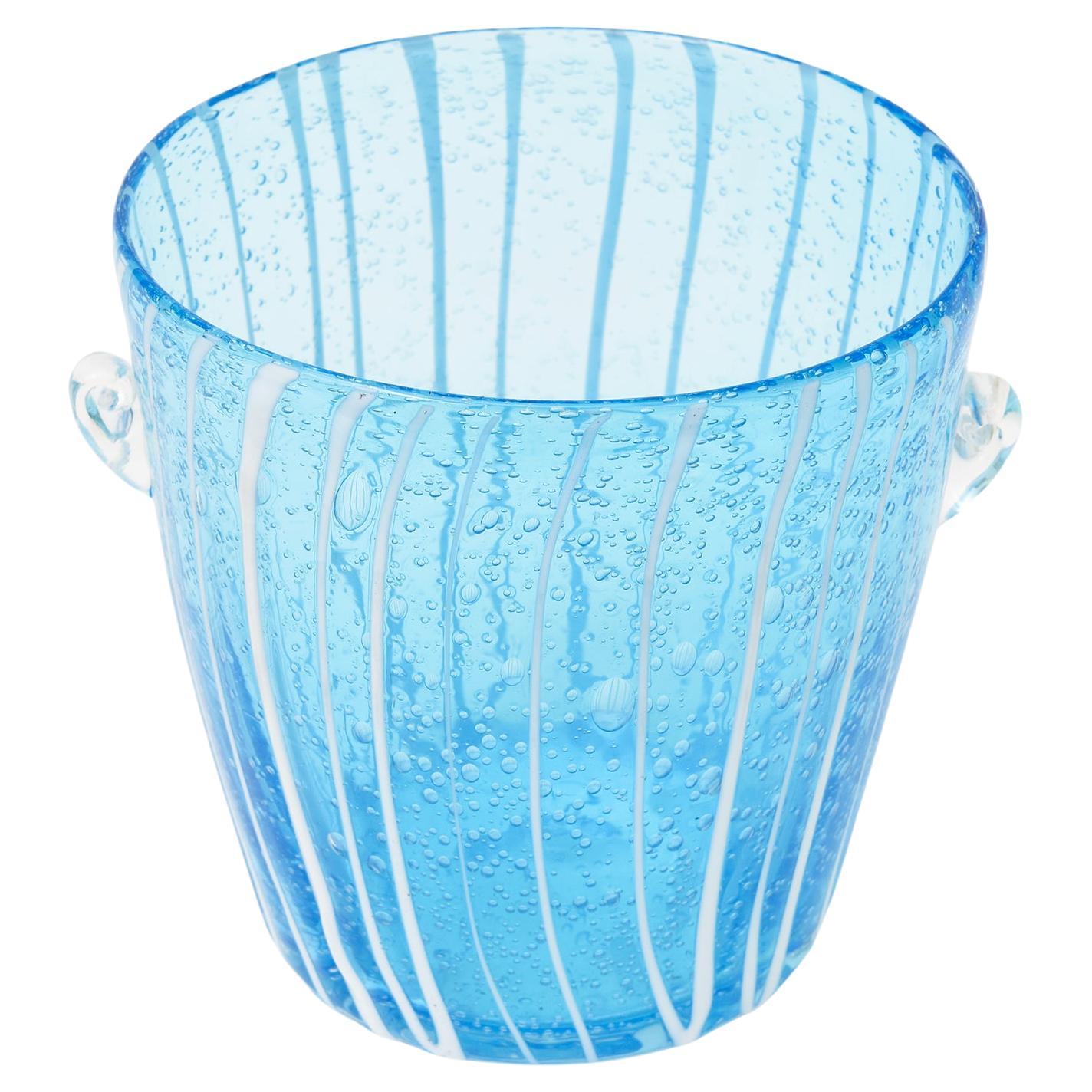 Vintage Murano Venini Ice Bucket Sapphire Turquoise With White Lines Barware For Sale