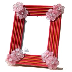 Vintage Murano Vetri 70s Glass Photo Picture Frame Fiori Pink Red Glass Flowers
