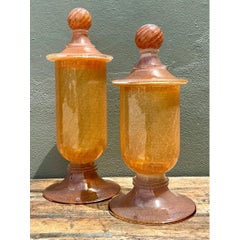 Vintage Murano Vietri Amber Glass Apothecary Jars - Pair