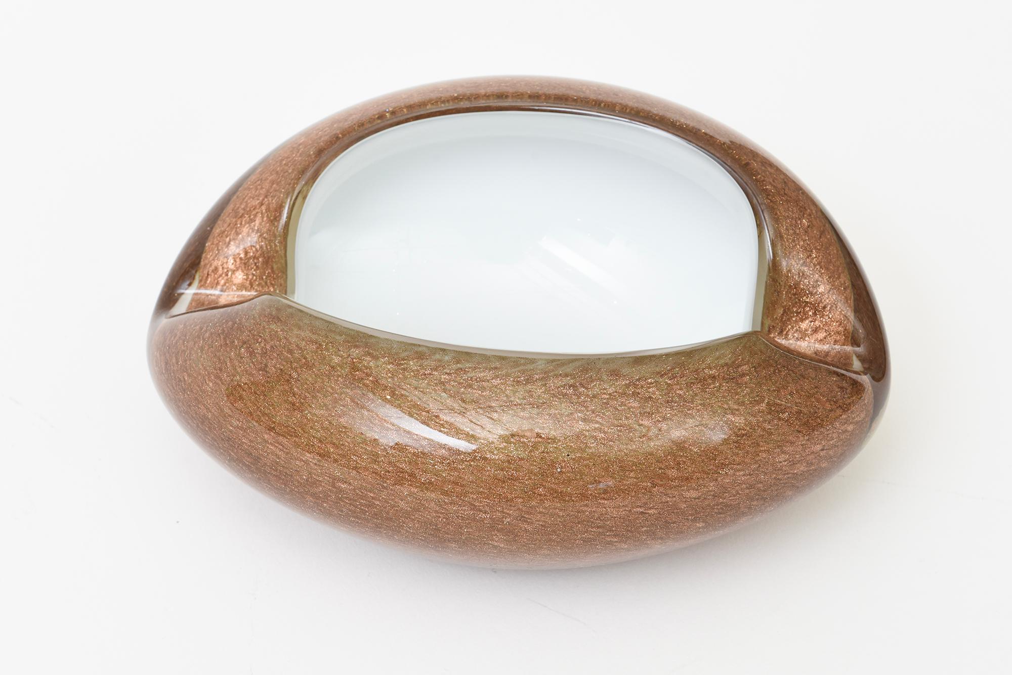Italian Vintage Murano White Cased Copper and Gold Aventurine Cinched Bowl Or Ashtray For Sale