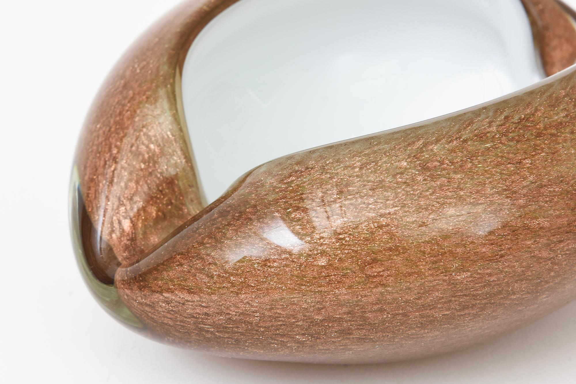 Mid-20th Century Vintage Murano White Cased Copper and Gold Aventurine Cinched Bowl Or Ashtray For Sale