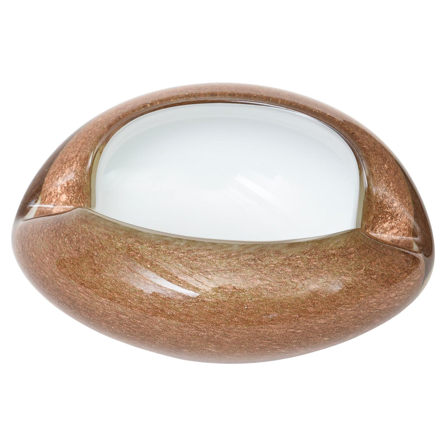 Vintage Murano White Cased Copper and Gold Aventurine Cinched Bowl Or Ashtray For Sale
