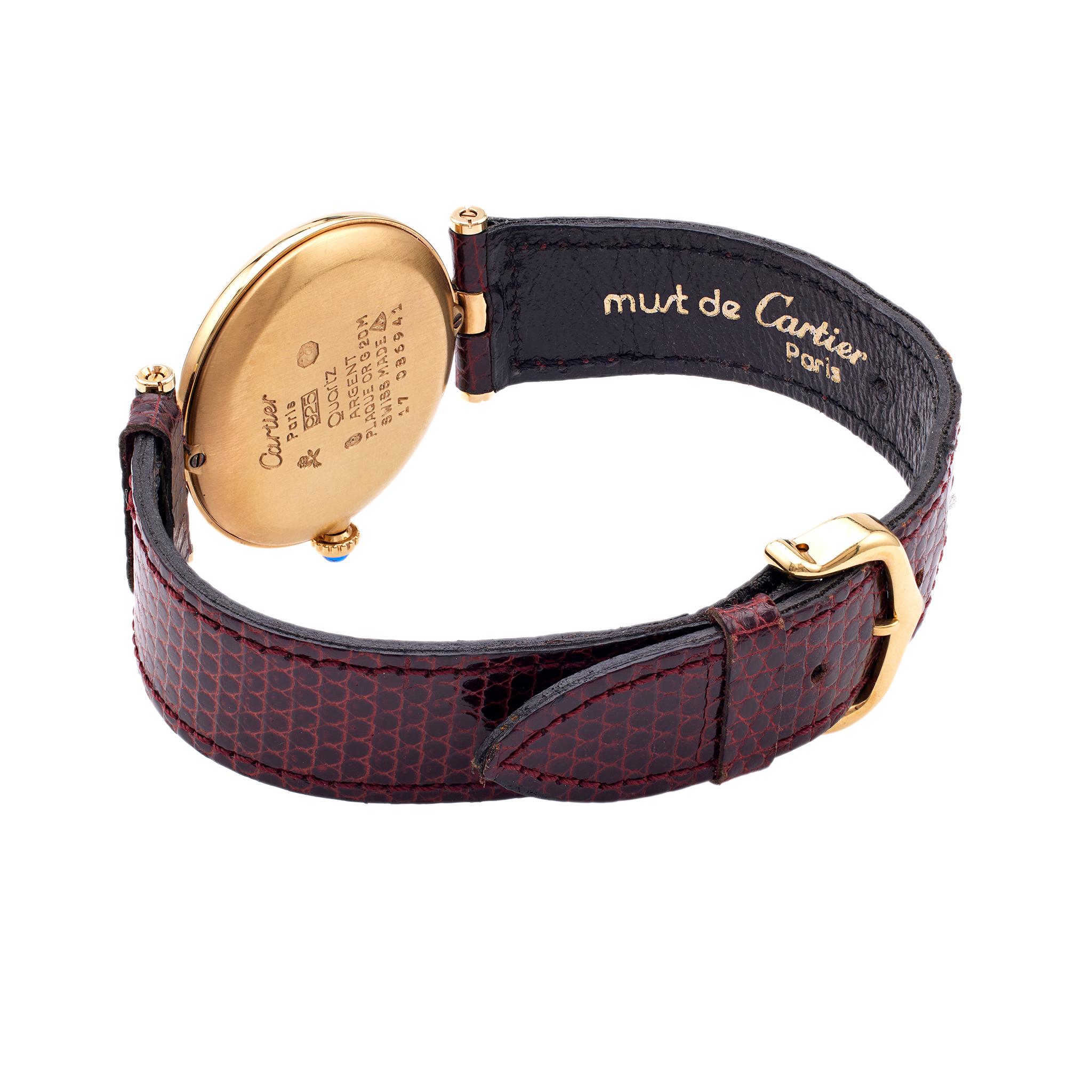 Cabochon Vintage Must de Cartier 925 Silver Gold Vermeil Burgundy Wristwatch