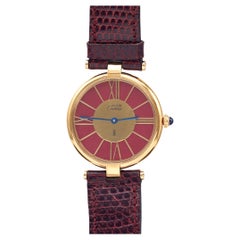 Vintage Must de Cartier 925 Silver Gold Vermeil Burgundy Wristwatch