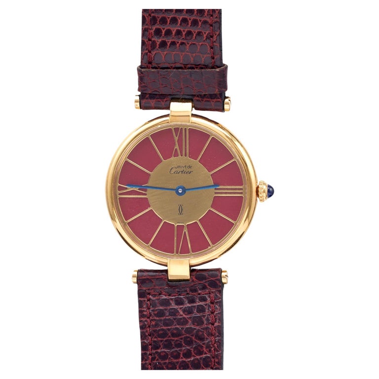 Vintage Must de Cartier 925 Silver Gold Vermeil Burgundy Wristwatch