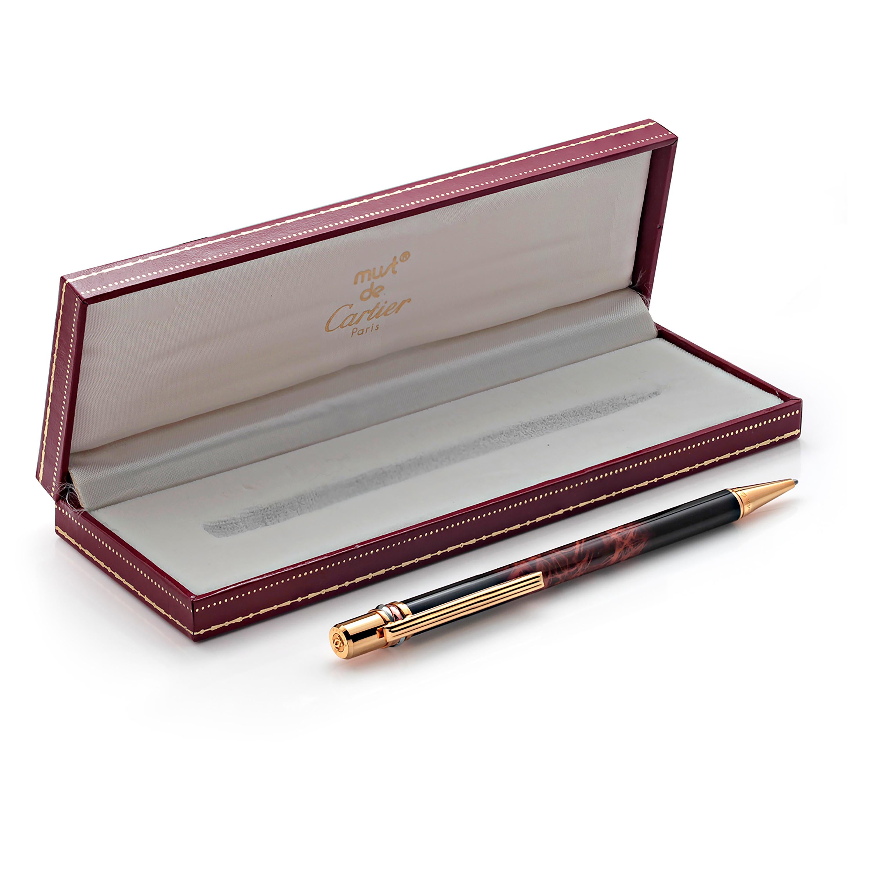 Must De Cartier Vintage Ballpoint Pen Brown Black Lacquer Gold Body Finish In Good Condition In New York, NY