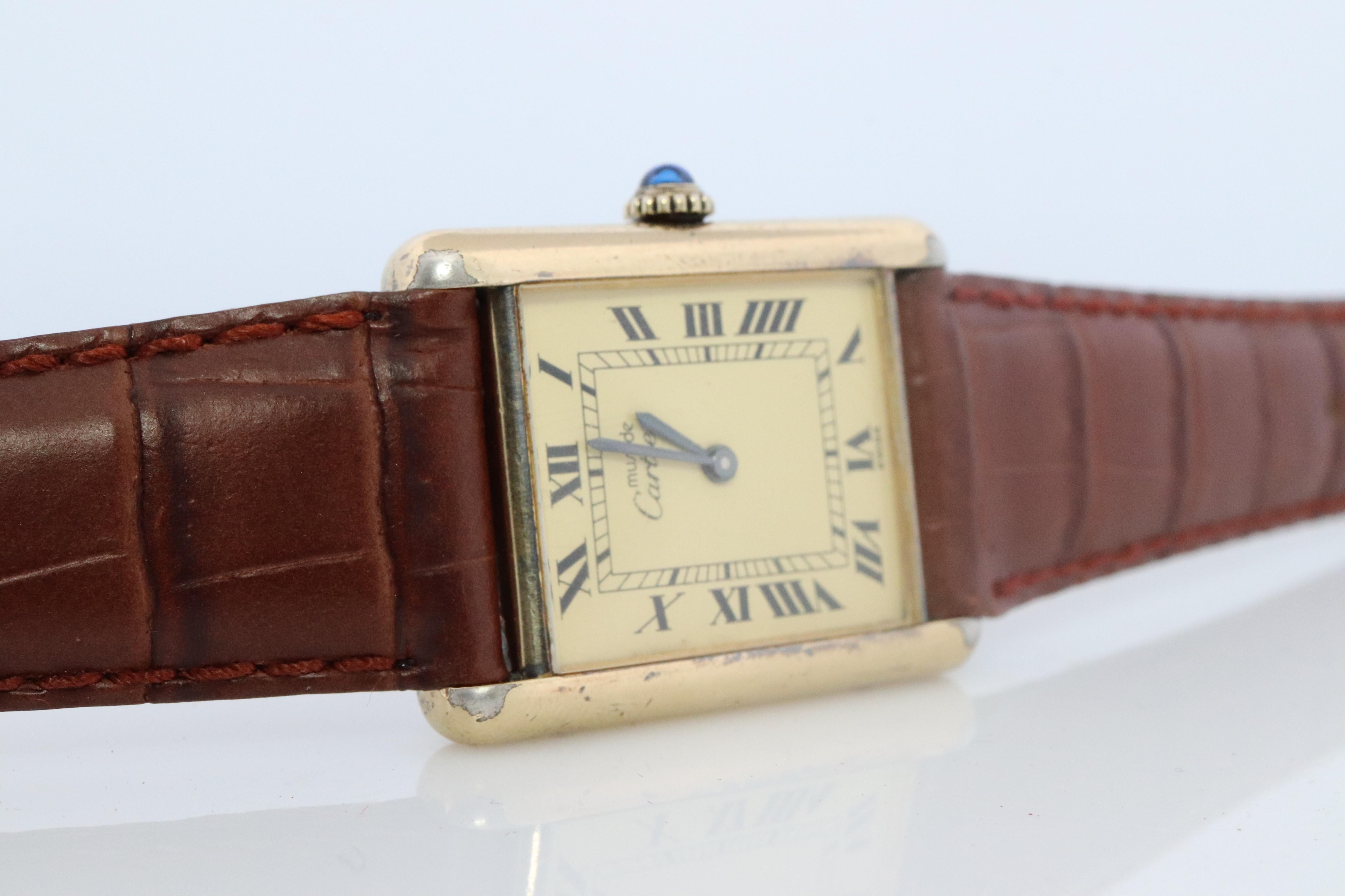 Modern Vintage Must de Cartier Champagne Tank Watch. 925 Vermeil ARGENT Manual Tank.