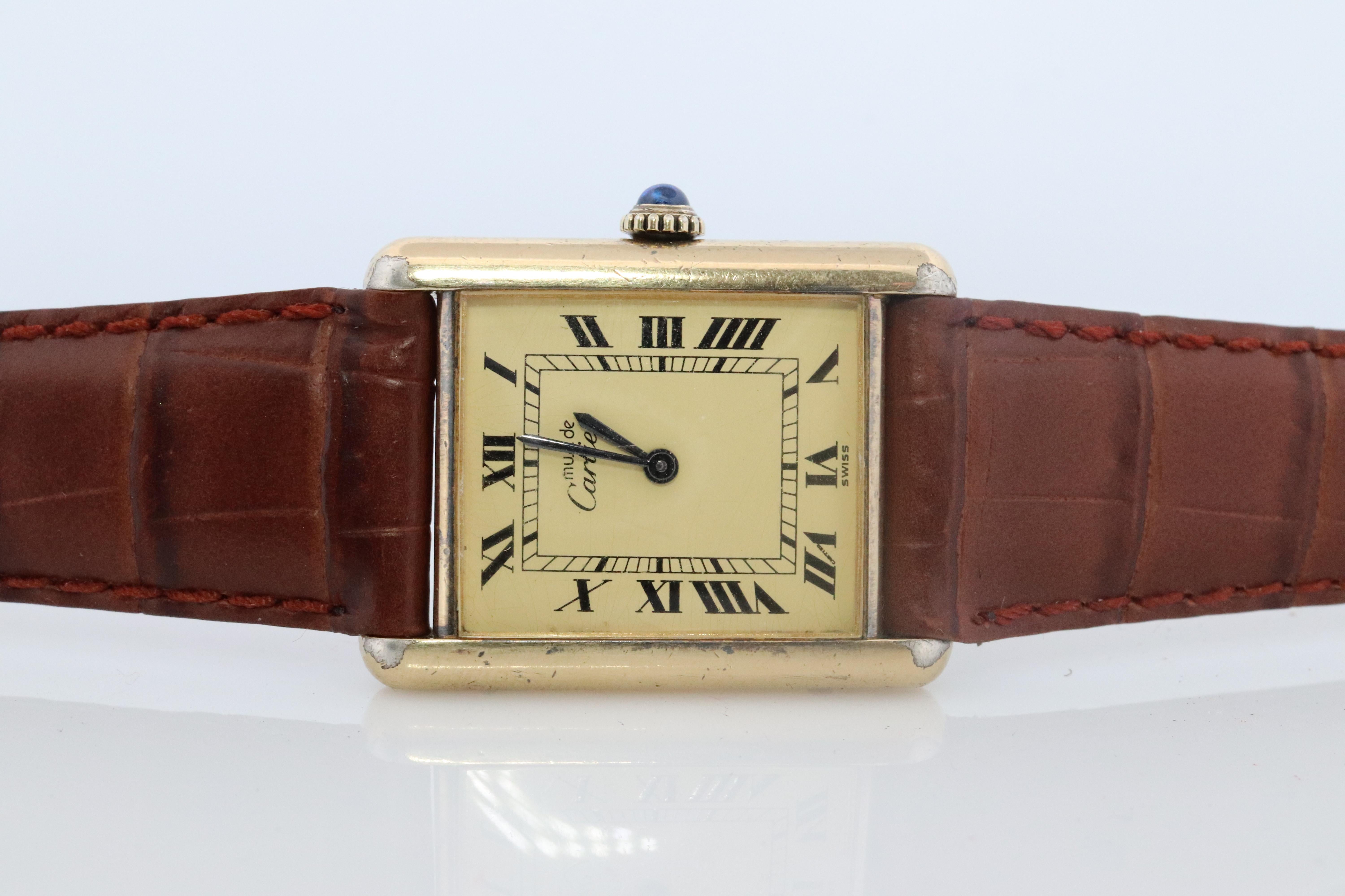 Cabochon Vintage Must de Cartier Champagne Tank Watch. 925 Vermeil ARGENT Manual Tank.