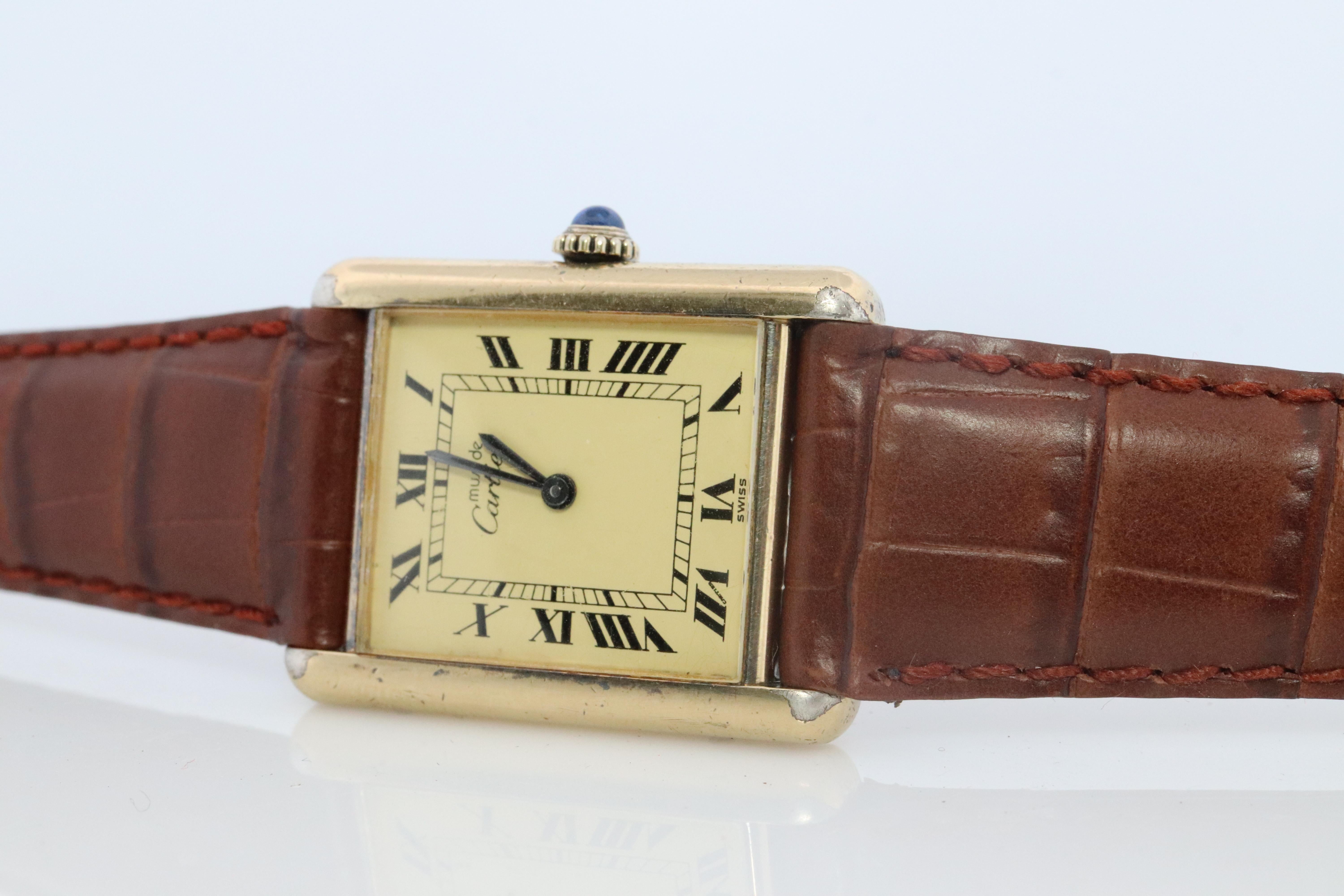 Vintage Must de Cartier Champagne Tank Watch. 925 Vermeil ARGENT Manual Tank. In Good Condition In Port Charlotte, FL