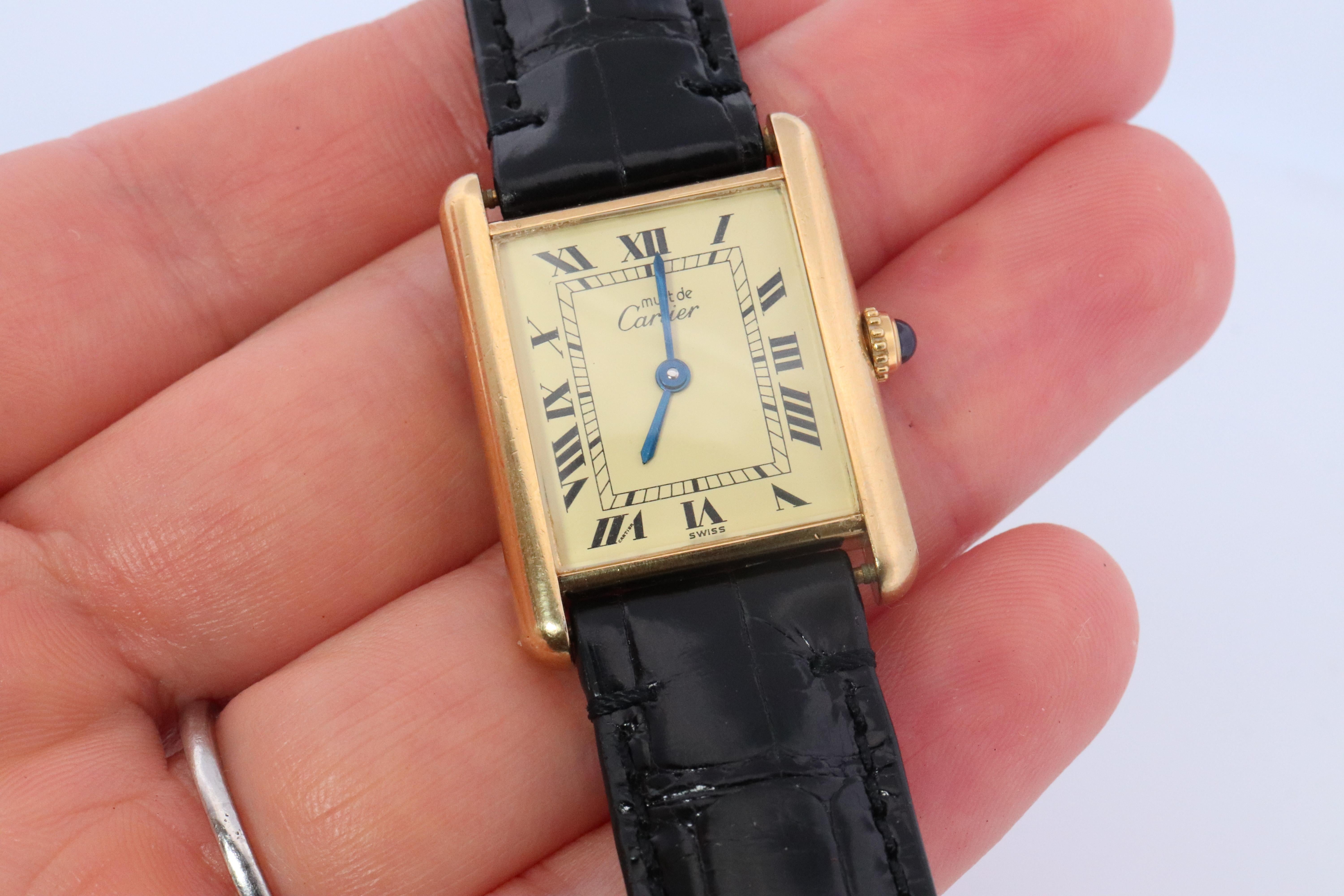 Vintage Must de Cartier Champagne Tank Watch. 925 Vermeil ARGENT Quartz Tank. 4