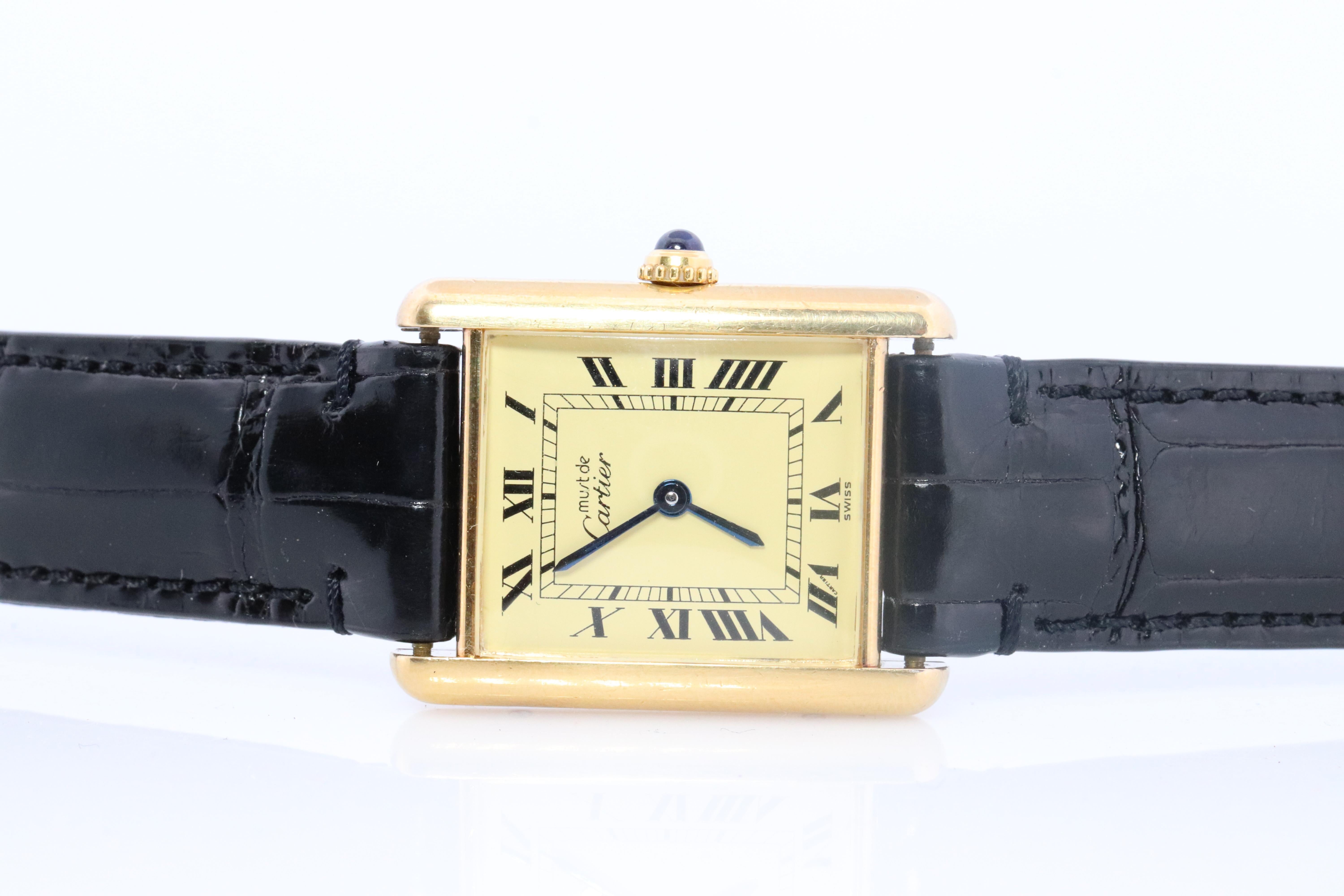 Modern Vintage Must de Cartier Champagne Tank Watch. 925 Vermeil ARGENT Quartz Tank.