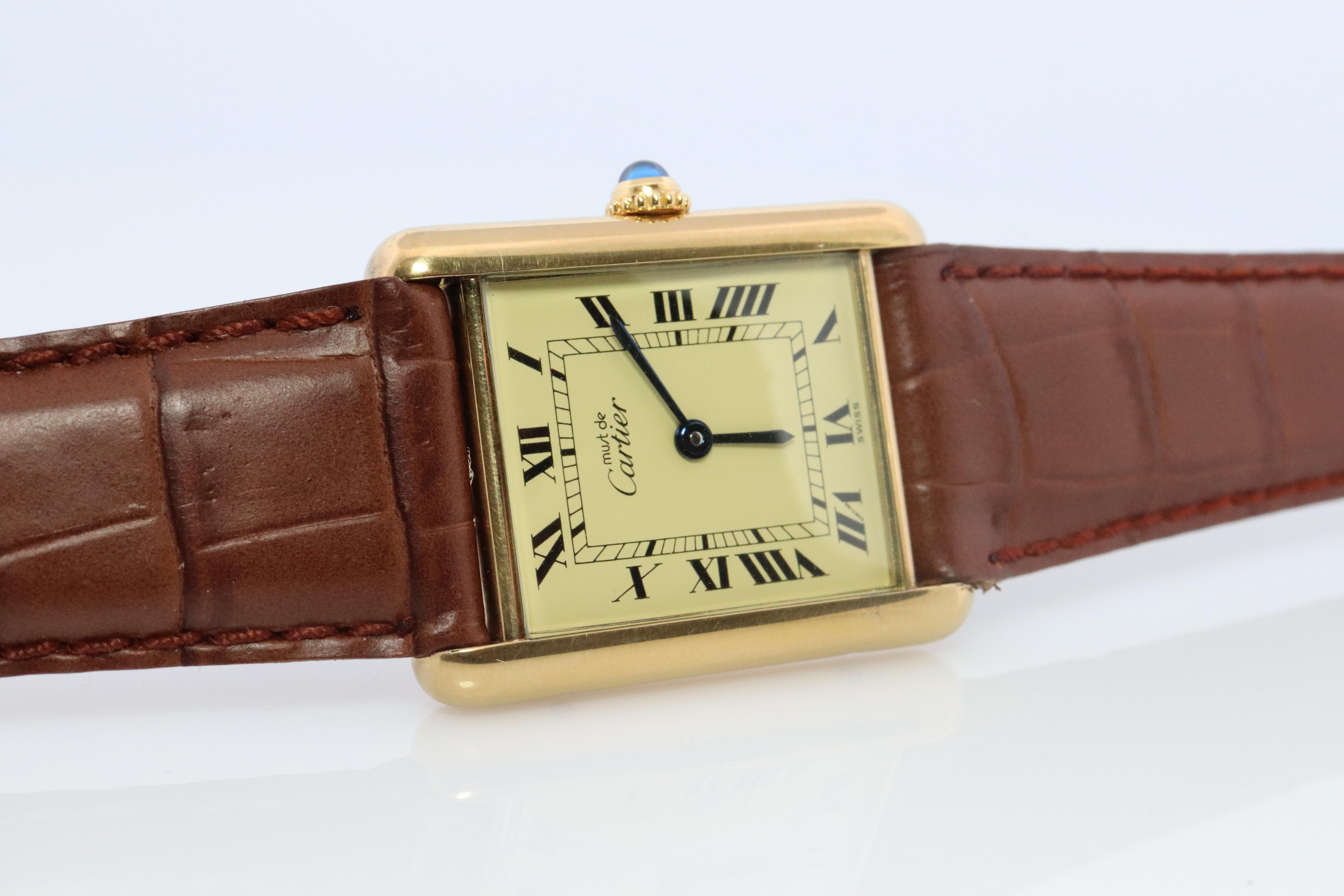 Modern Vintage Must de Cartier Champagne Tank Watch. 925 Vermeil ARGENT Quartz Tank. For Sale