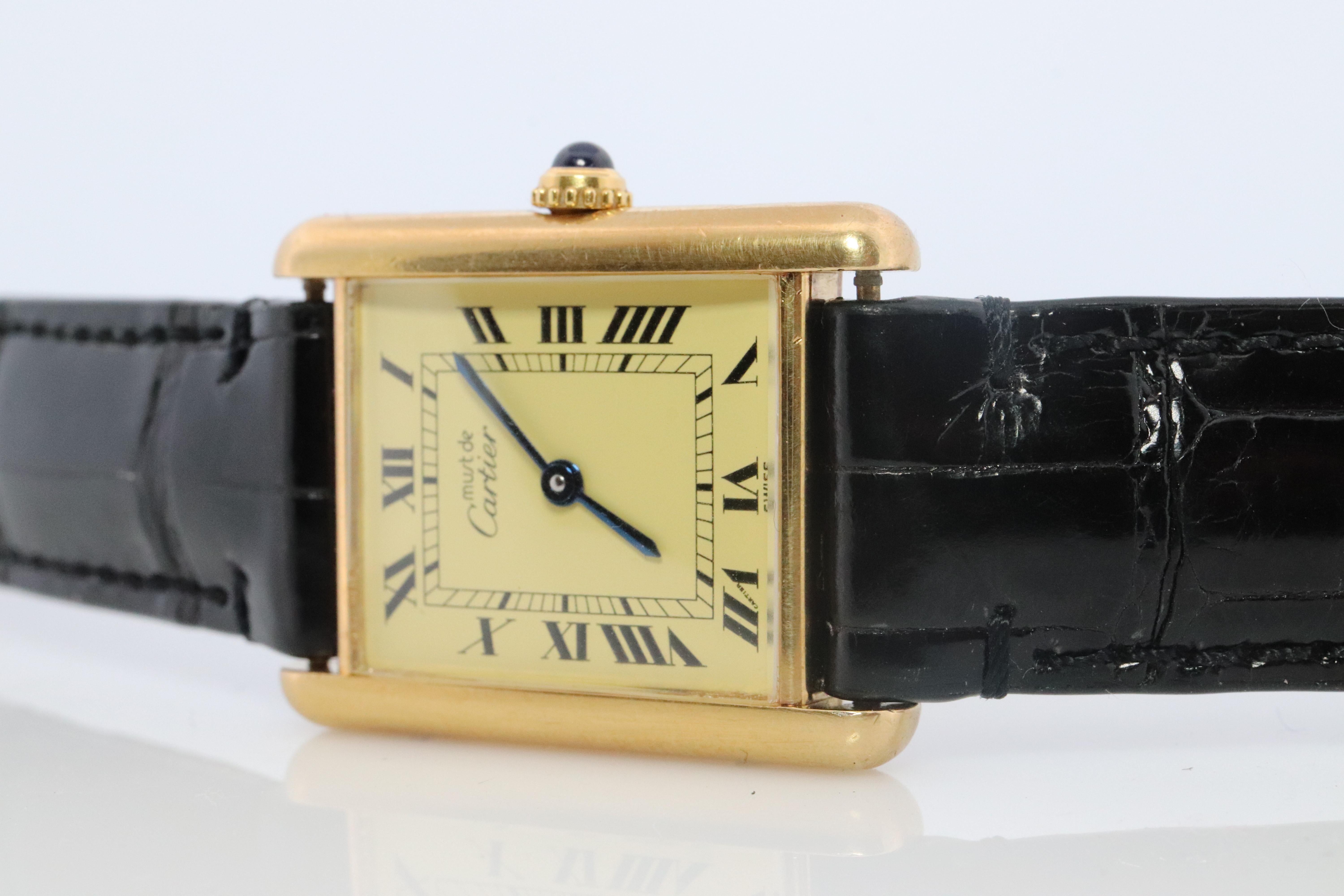 Cabochon Vintage Must de Cartier Champagne Tank Watch. 925 Vermeil ARGENT Quartz Tank.