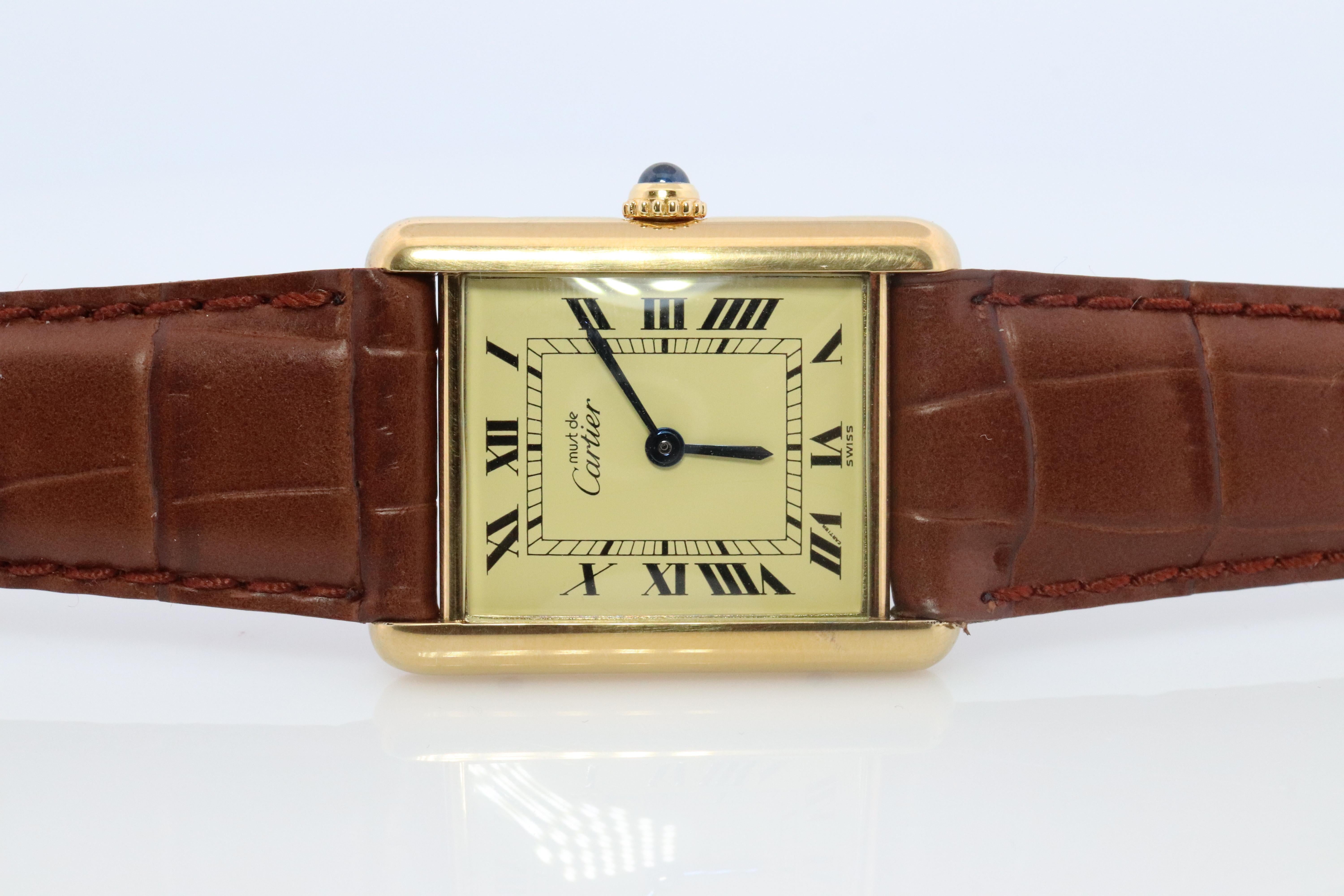 Cabochon Vintage Must de Cartier Champagne Tank Watch. 925 Vermeil ARGENT Quartz Tank. For Sale