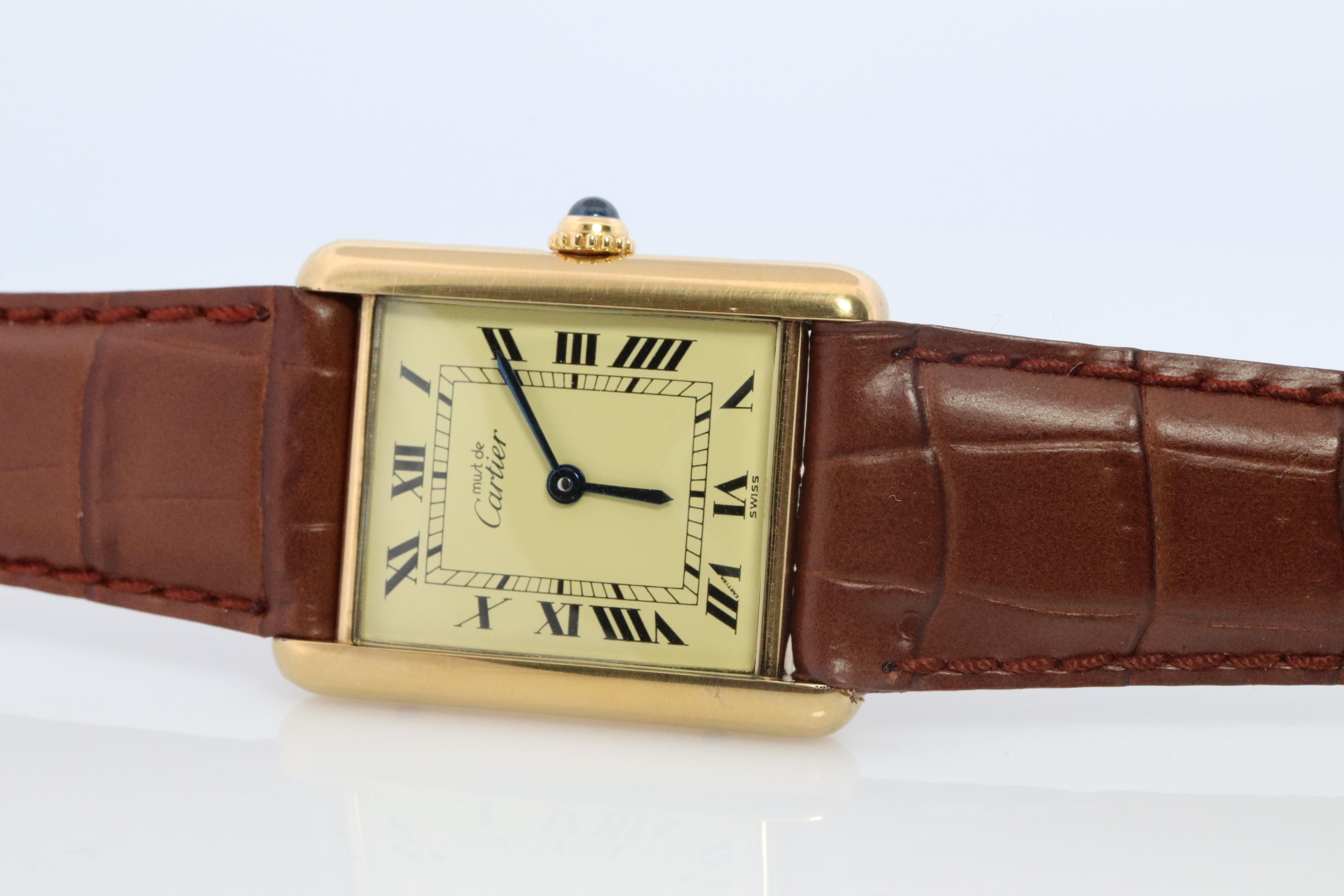 Vintage Must de Cartier Champagne Tank Watch. 925 Vermeil ARGENT Quartz Tank. In Good Condition For Sale In Port Charlotte, FL