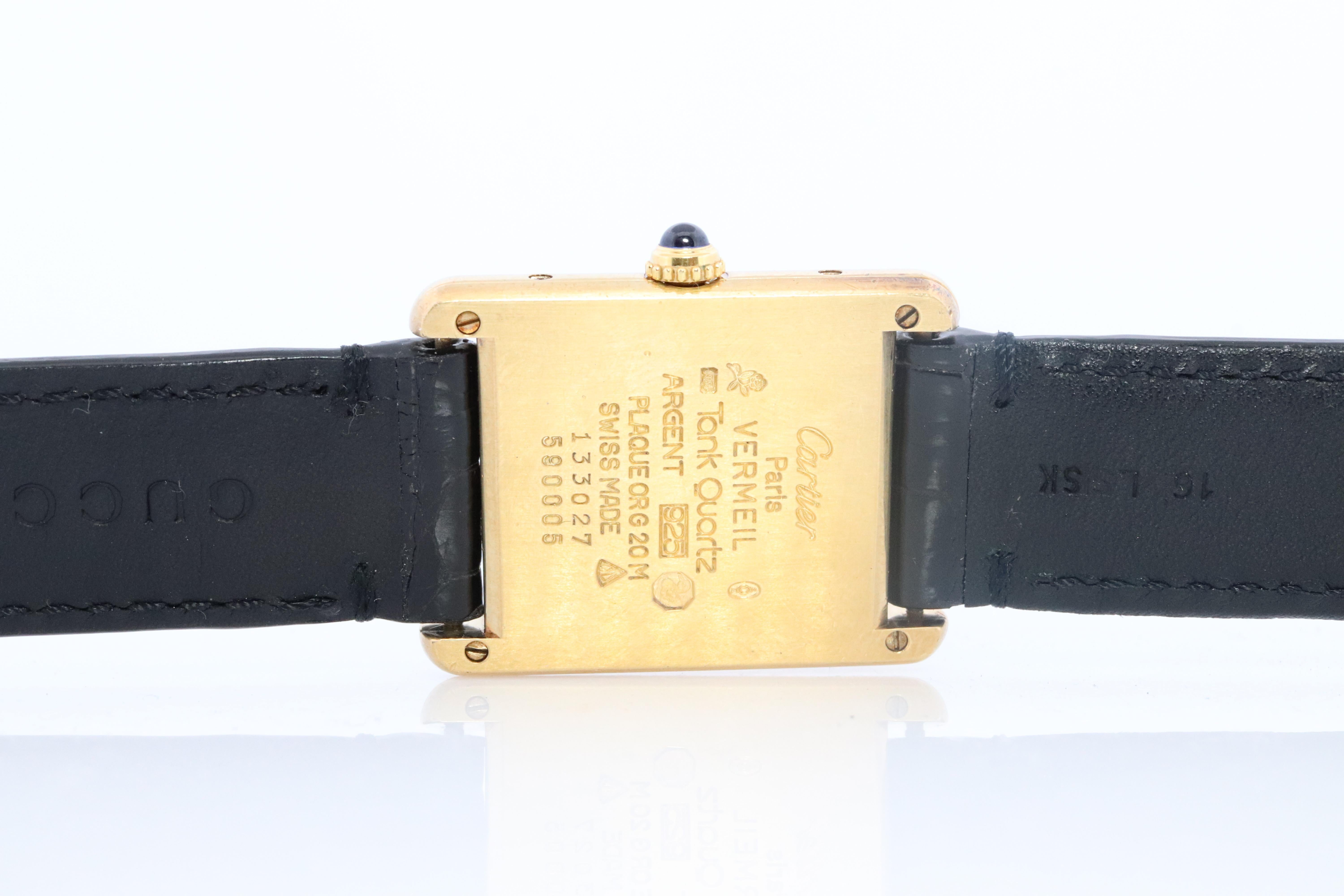 Vintage Must de Cartier Champagne Tank Watch. 925 Vermeil ARGENT Quartz Tank. 1