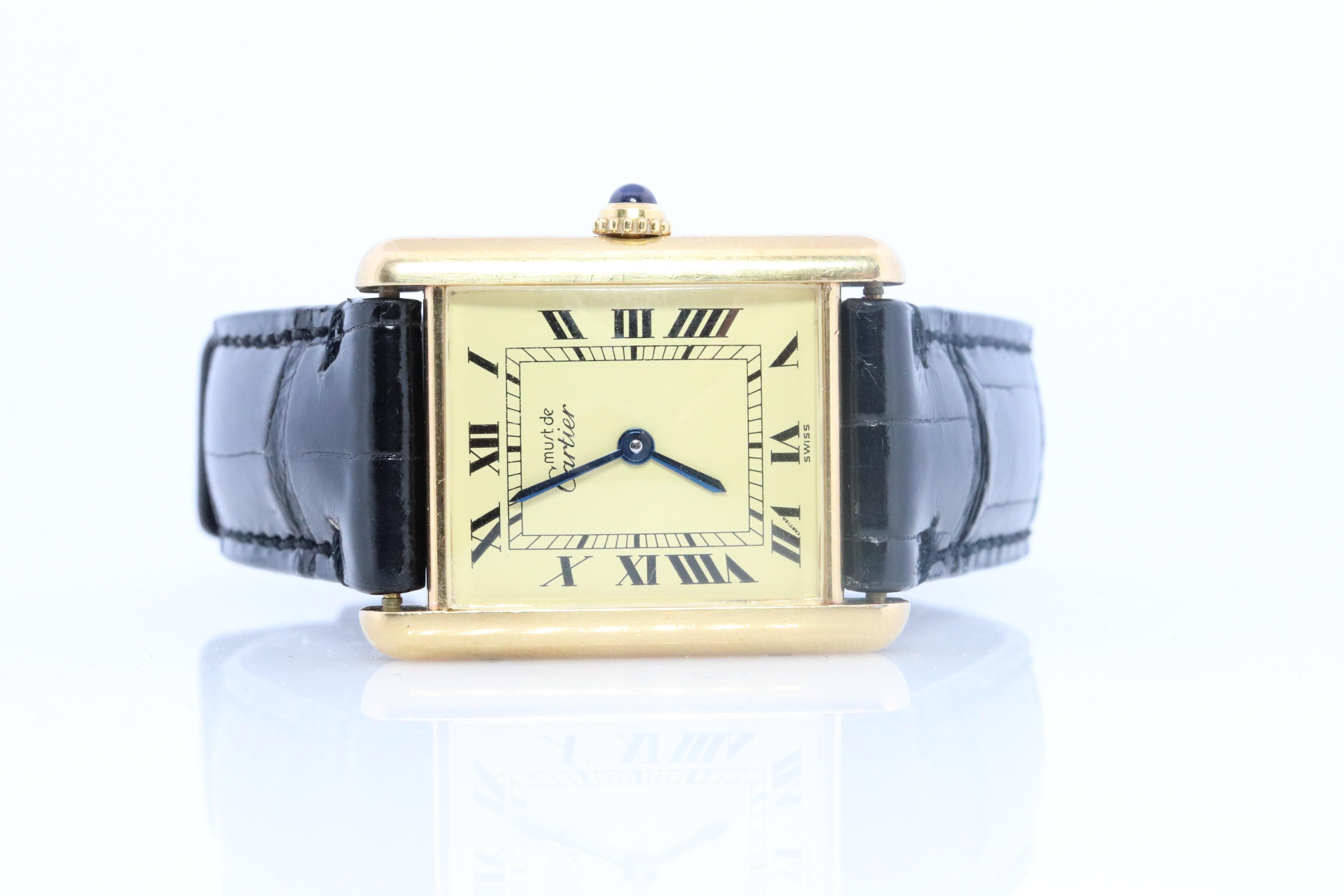 Vintage Must de Cartier Champagne Tank Watch. 925 Vermeil ARGENT Quartz Tank. 3