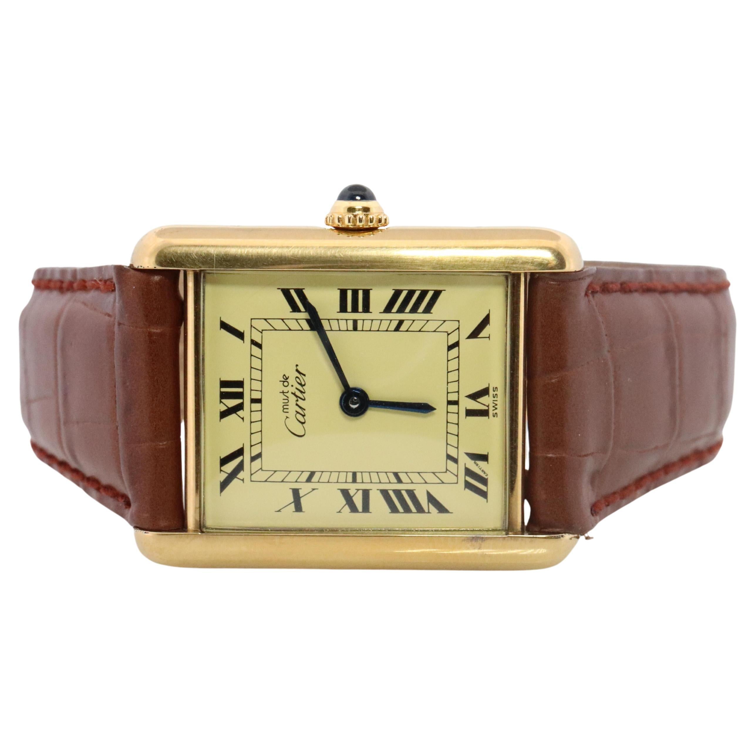Vintage Must de Cartier Champagne Tank Watch. 925 Vermeil ARGENT Quartz Tank. For Sale