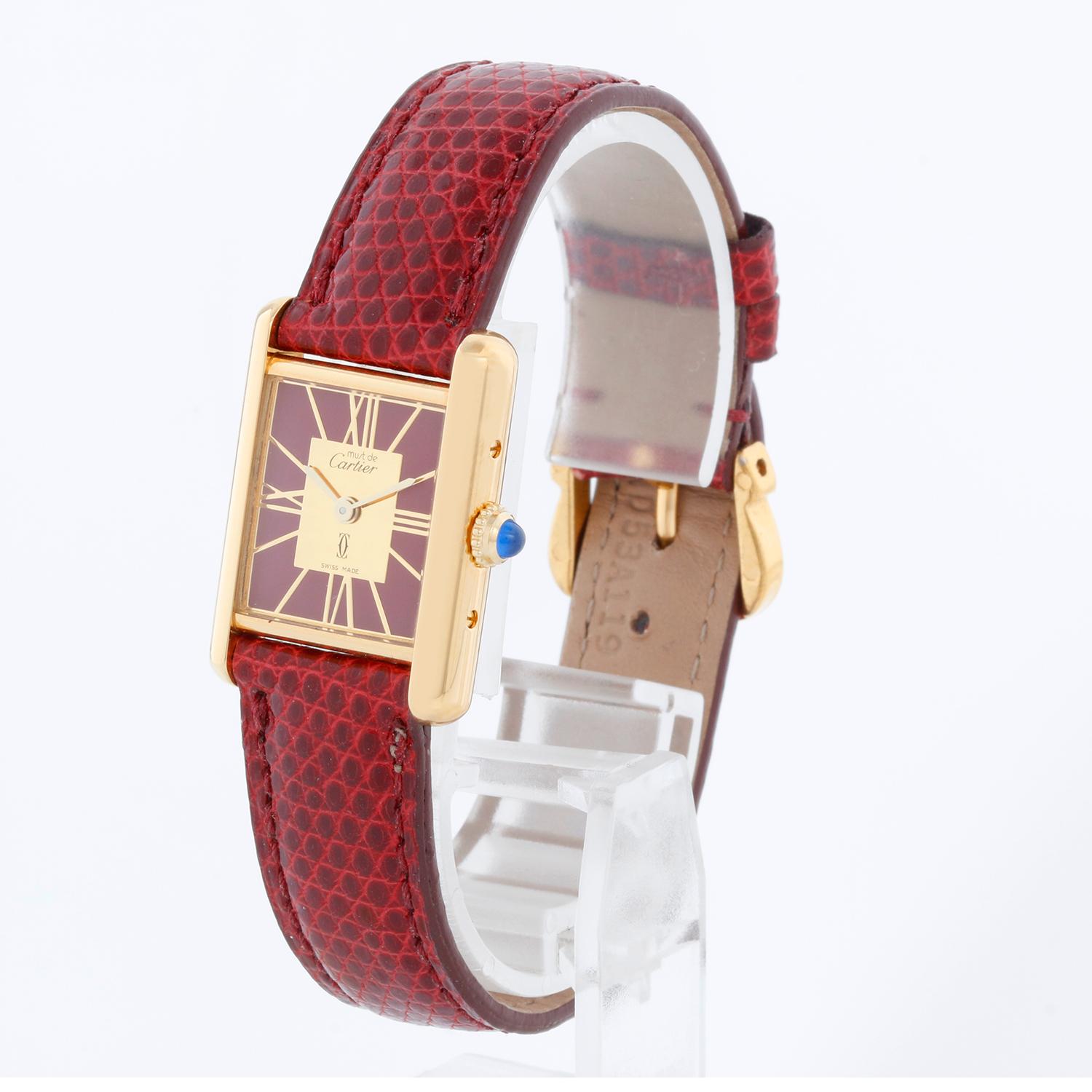 Vintage Must de Cartier Gold Vermeil Burgundy Ladies Quartz Watch In Excellent Condition In Dallas, TX