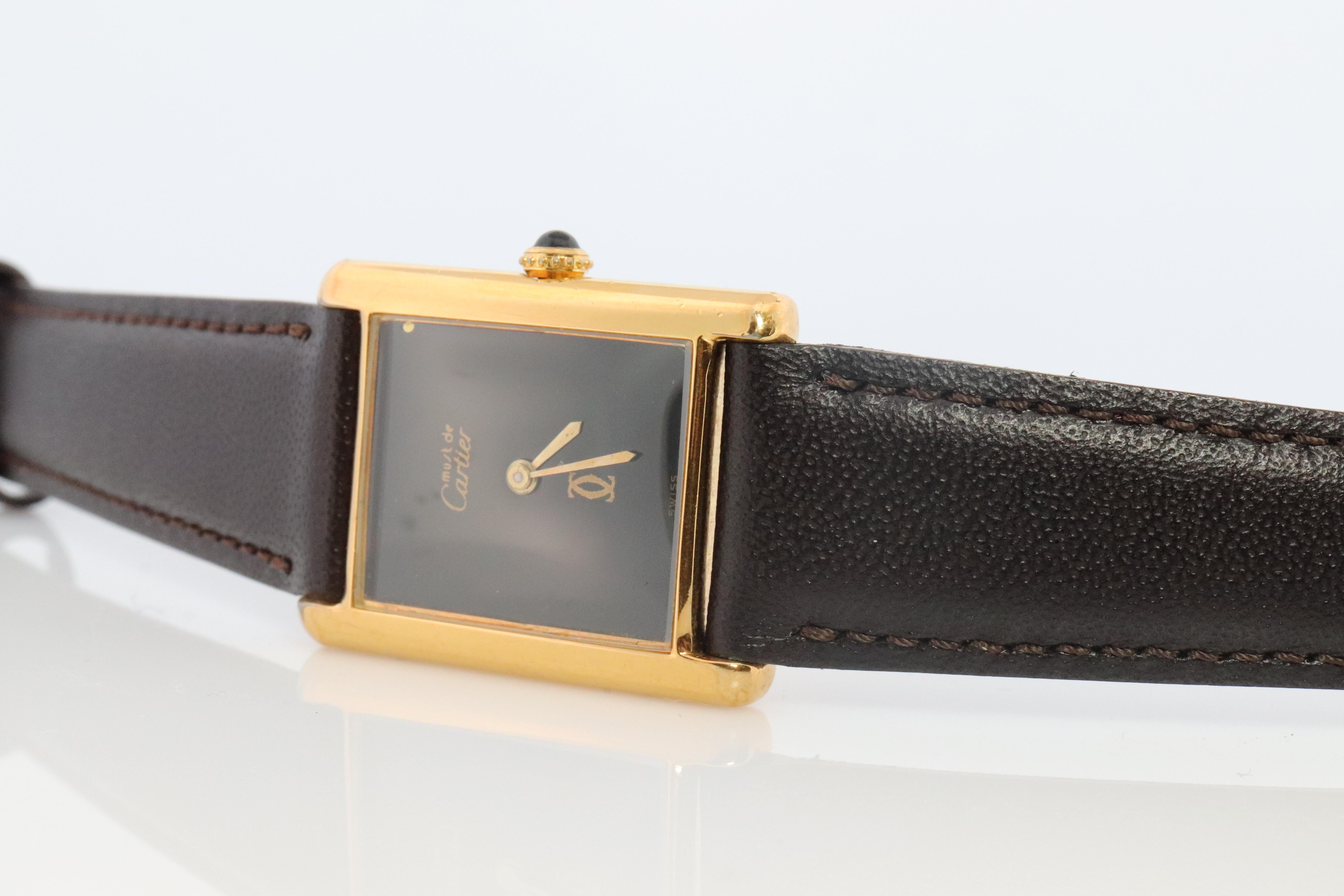 Vintage Must de Cartier Mystery Tank Watch. ARGENT Manual Black Dial Tank. Moderno en venta