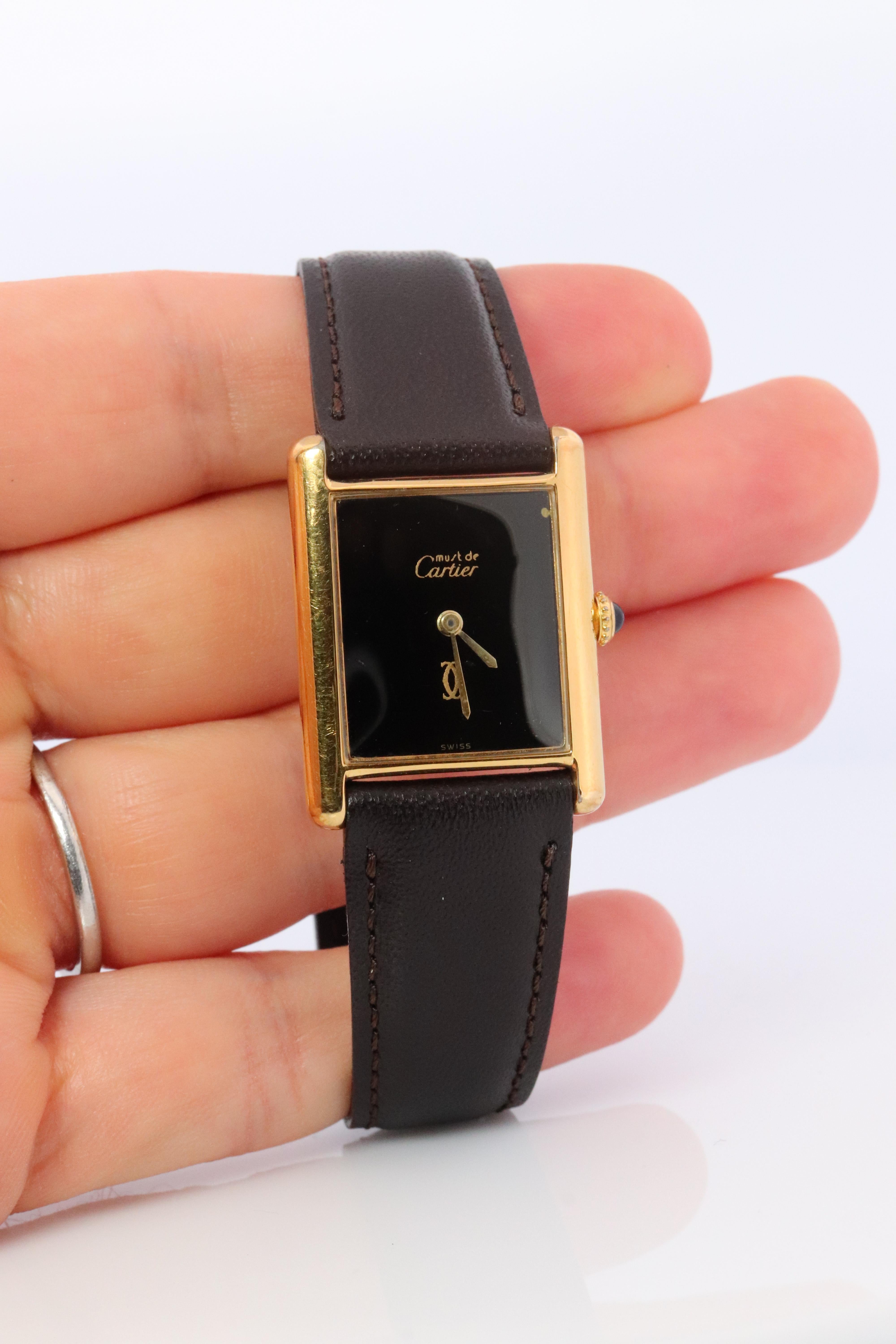 Vintage Must de Cartier Mystery Tank Watch. ARGENT Manual Black Dial Tank. en venta 2
