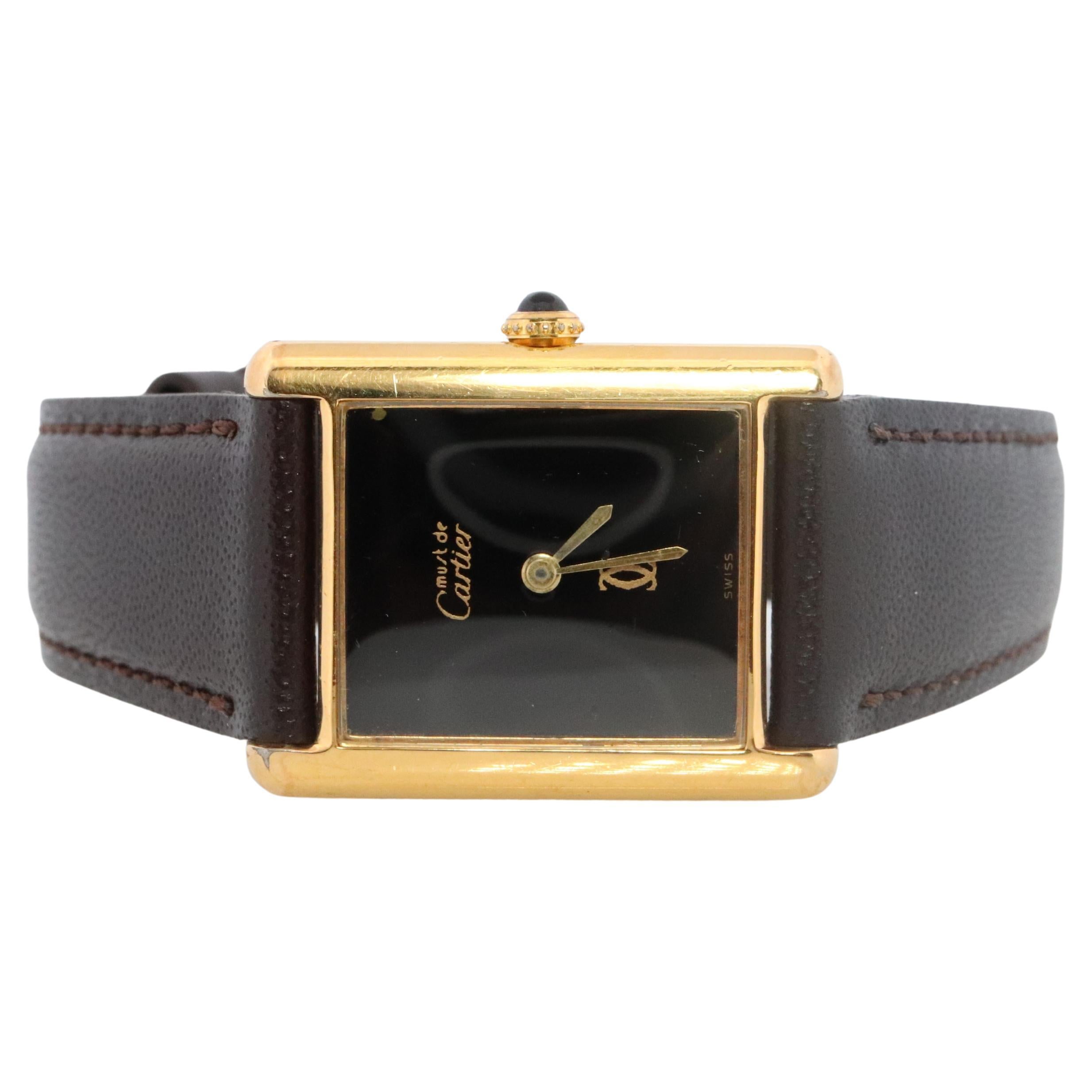 Vintage Must de Cartier Mystery Tank Watch. ARGENT Manual Black Dial Tank.