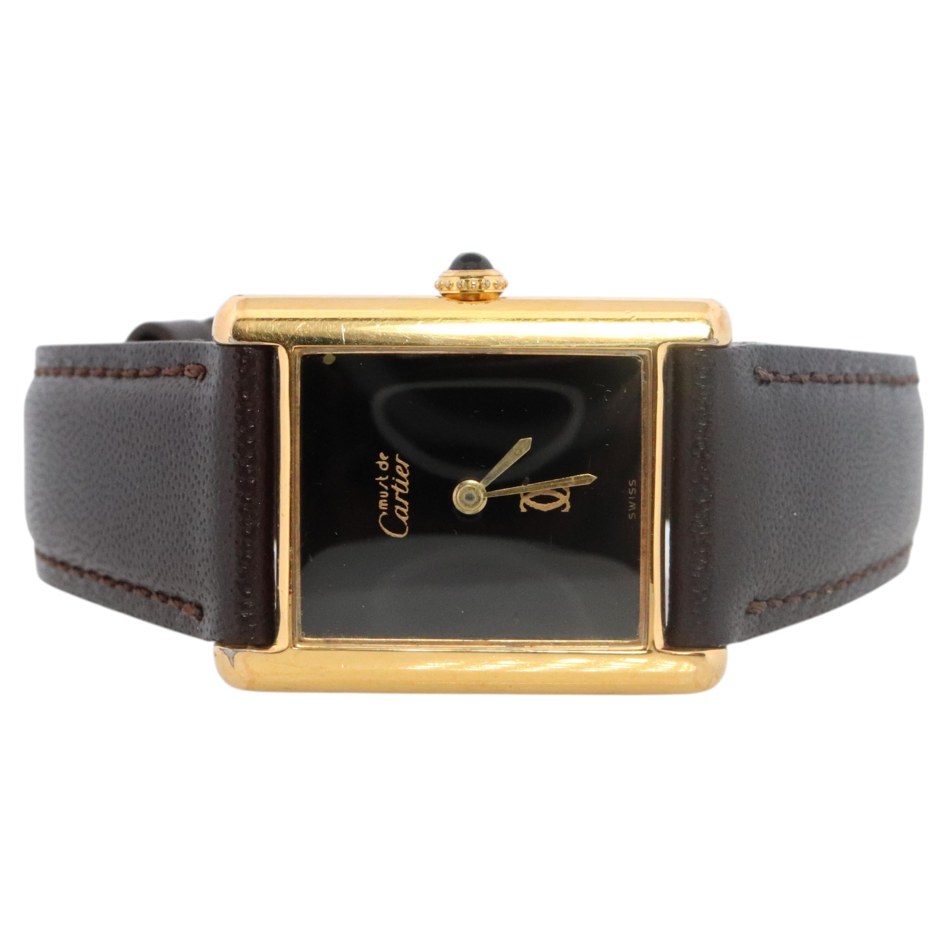 Vintage Must de Cartier Mystery Tank Watch. ARGENT Manual Black Dial Tank.