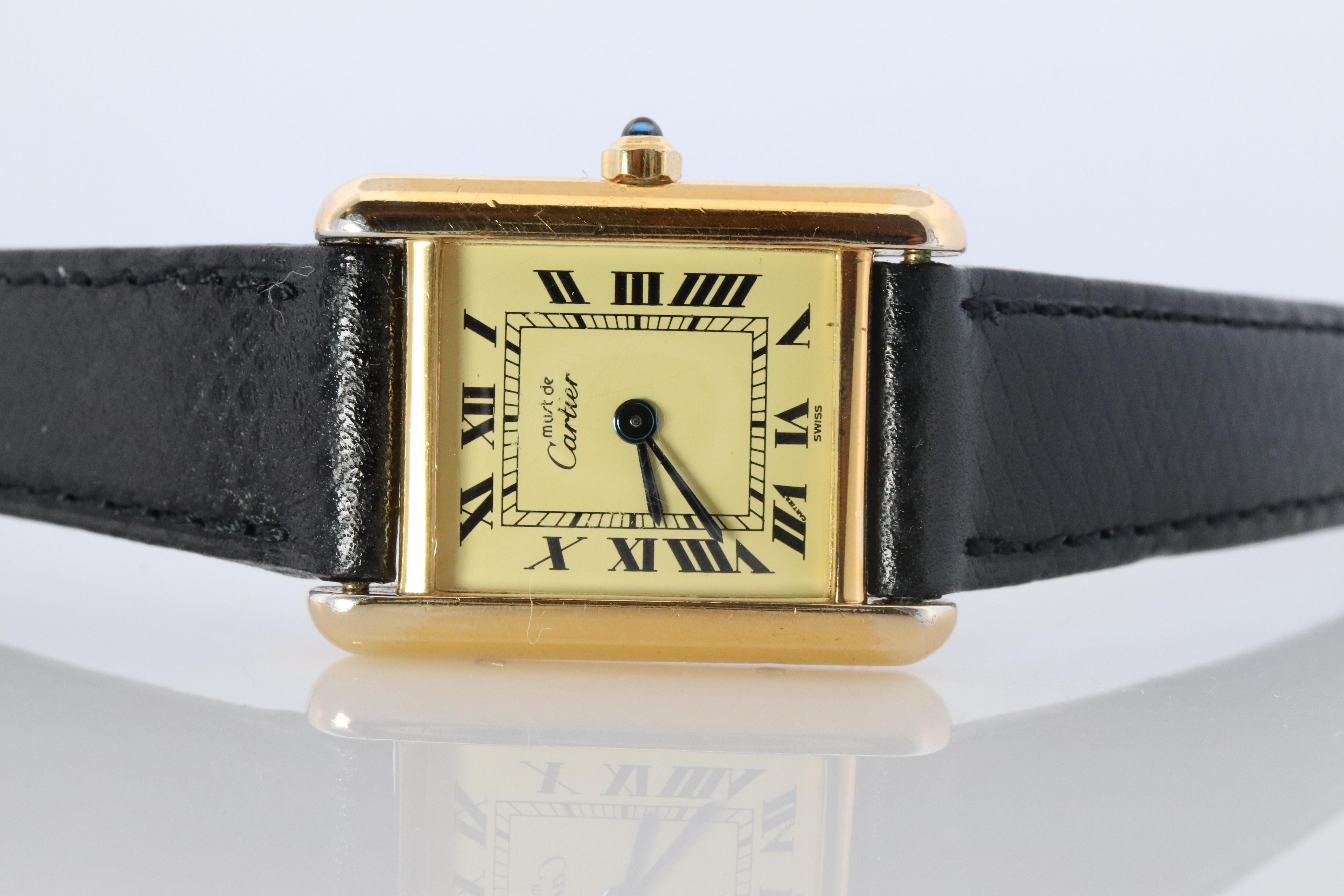 Vintage Must de Cartier Tank 366001 Zifferblatt Uhr Vermeil ARGENT Small Tank (Cabochon) im Angebot