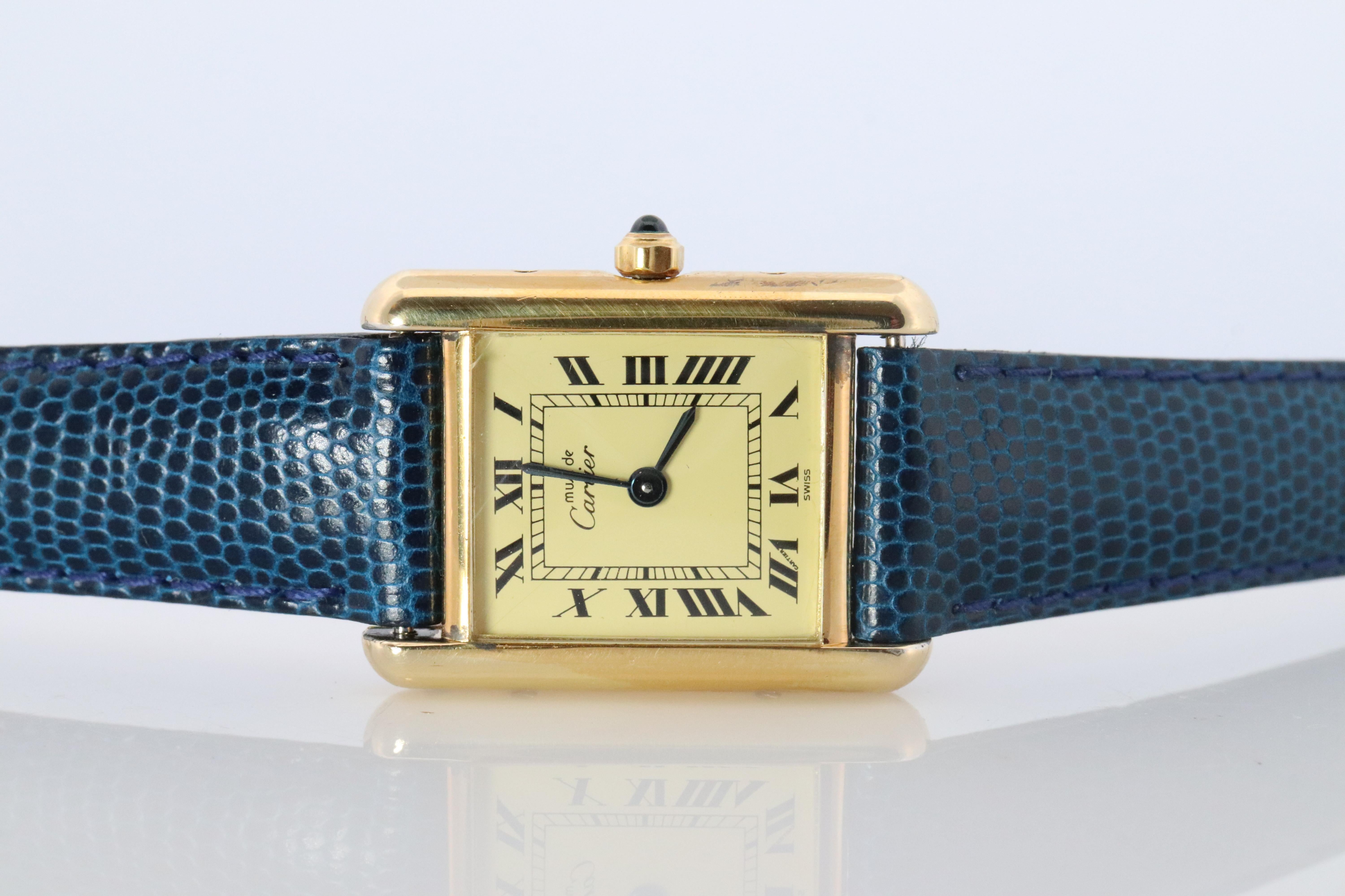 Cabochon Vintage Must de Cartier Tank 366001 Dial Watch Vermeil ARGENT Small Tank For Sale
