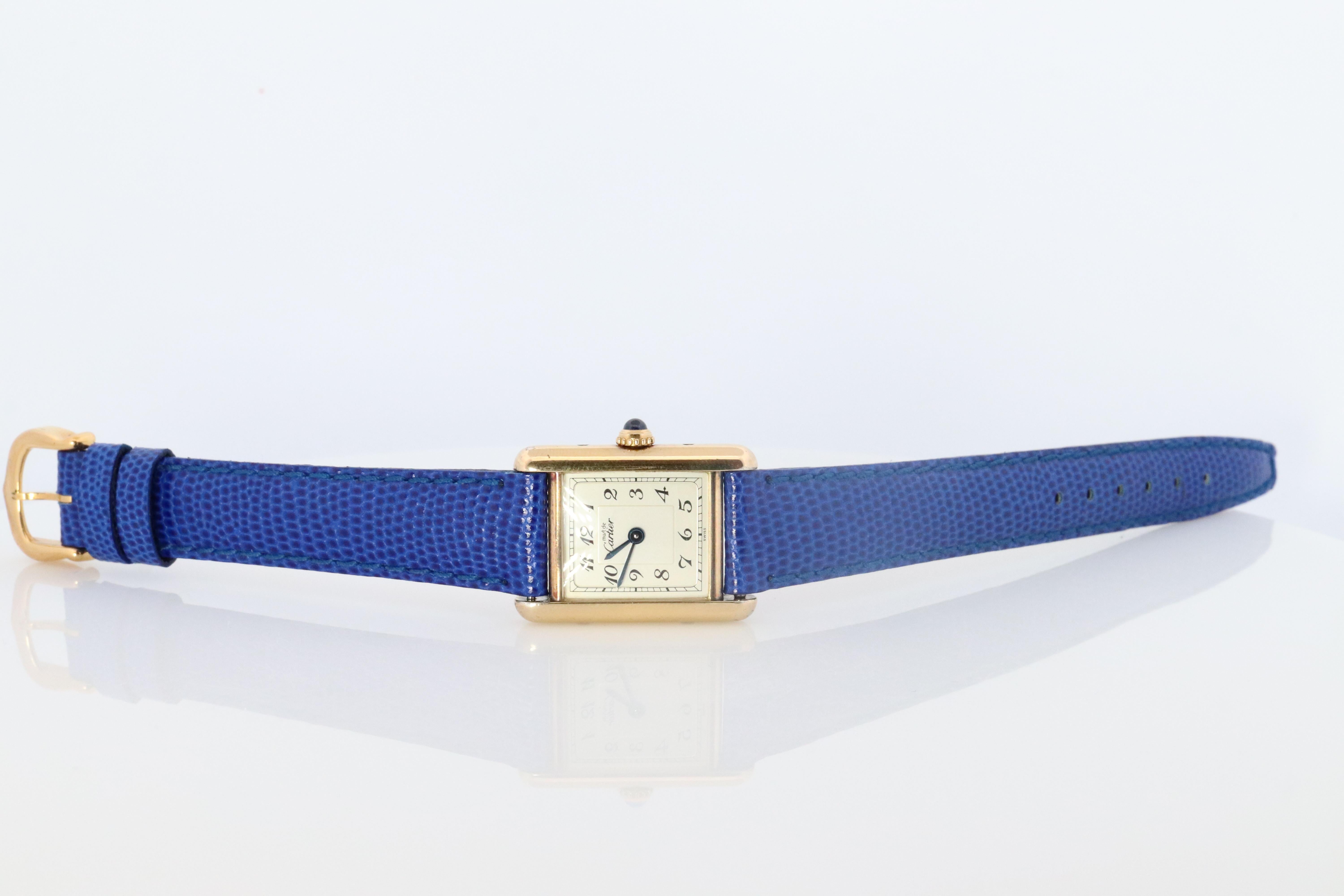 Cabochon Vintage Must de Cartier Tank Arabic Dial Watch. Vermeil ARGENT 925 Small Tank